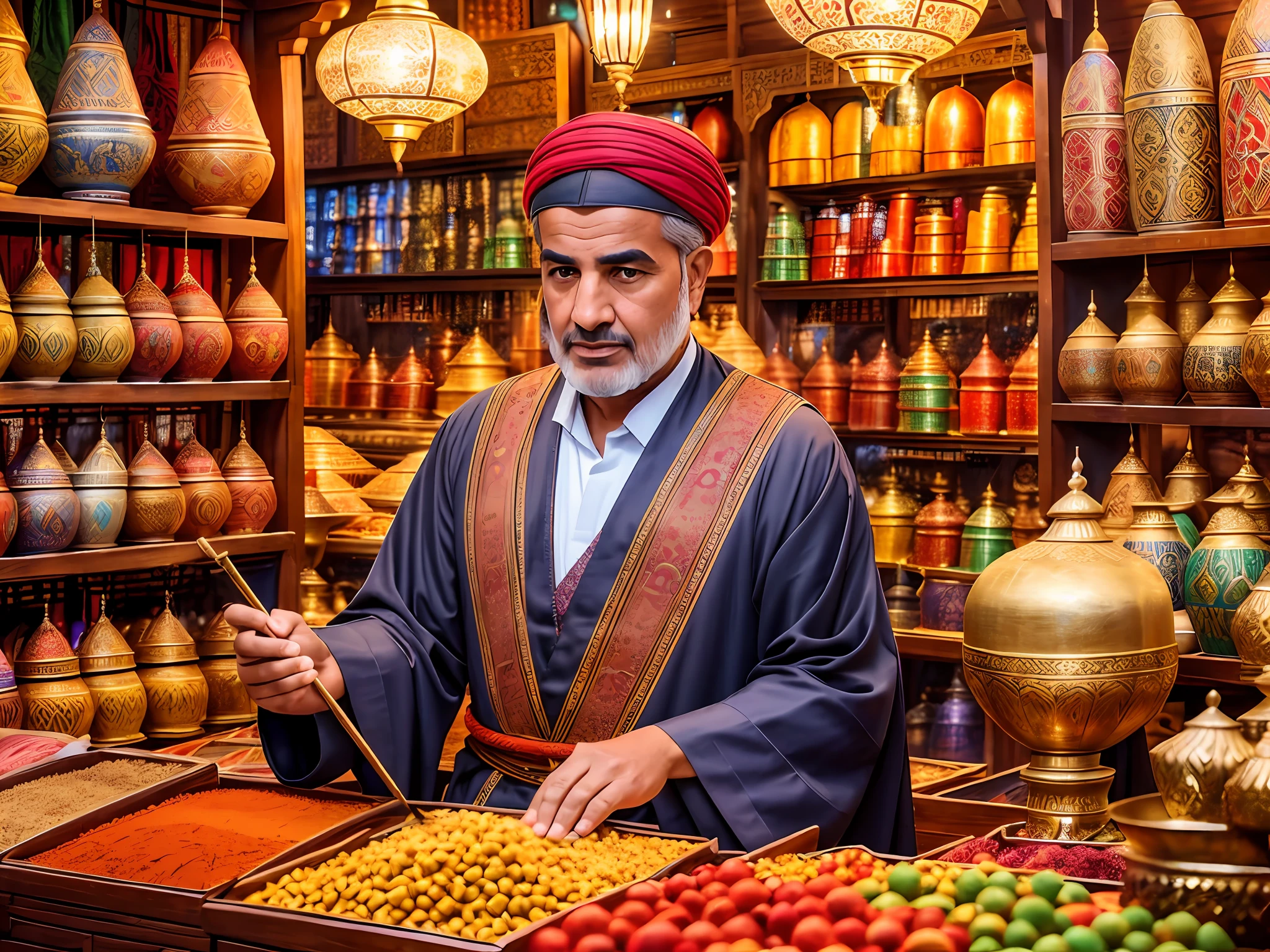 Oriental bazaar in Marrakech. Close-up of an Arab merchant. Around the abundance of oriental goods, souvenirs, dishes, carpets. Made with oil paints. Disney Pixar style. Cinematic. Studio light. Dark Blurred night city background. --auto --s2