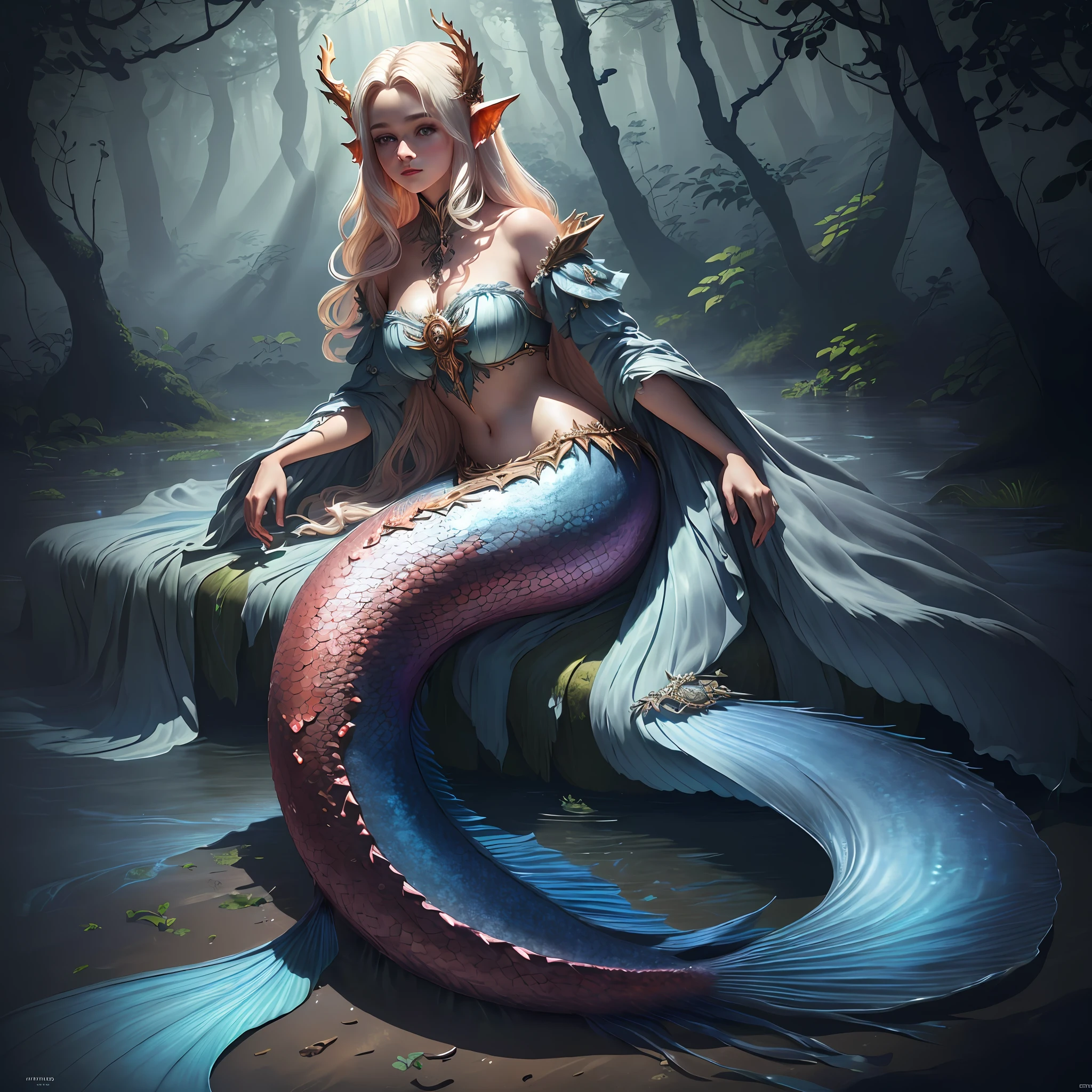Masterpiece, best quality, (very detailed CG unified 8k wallpaper), (best quality), (best illustration), (best shadow), realistic lighting, full body shot, mermaid portrait, fish fin ears, intricate, elegant, very detailed, handsome, very detailed, claws, in the forest, blood, rags, beautiful face, dreamy, medieval, beautiful detailed light