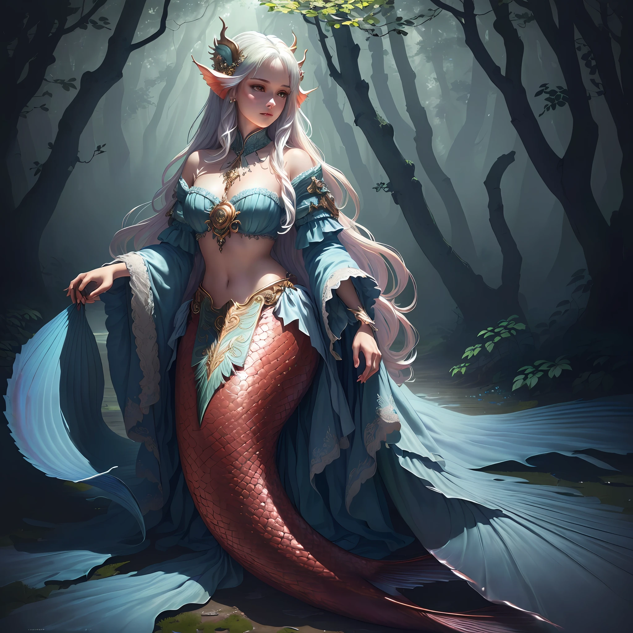 Masterpiece, best quality, (very detailed CG unified 8k wallpaper), (best quality), (best illustration), (best shadow), realistic lighting, full body shot, mermaid portrait, fish fin ears, intricate, elegant, very detailed, handsome, very detailed, claws, in the forest, blood, rags, beautiful face, dreamy, medieval, beautiful detailed light