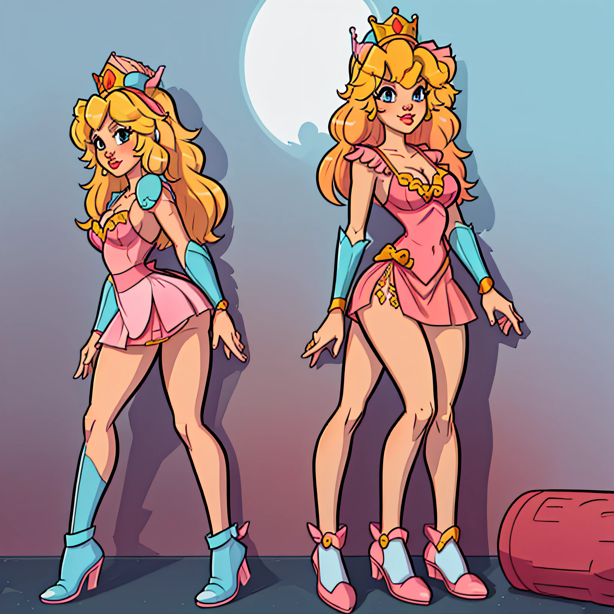 (best quality, masterpiece), (solid outline:1.2),
(princess peach), simple background, side by side, full body, Sexy pink dress, long blonde hair, medium breasts, model pose, shoes, Cleavage, face view, ass view