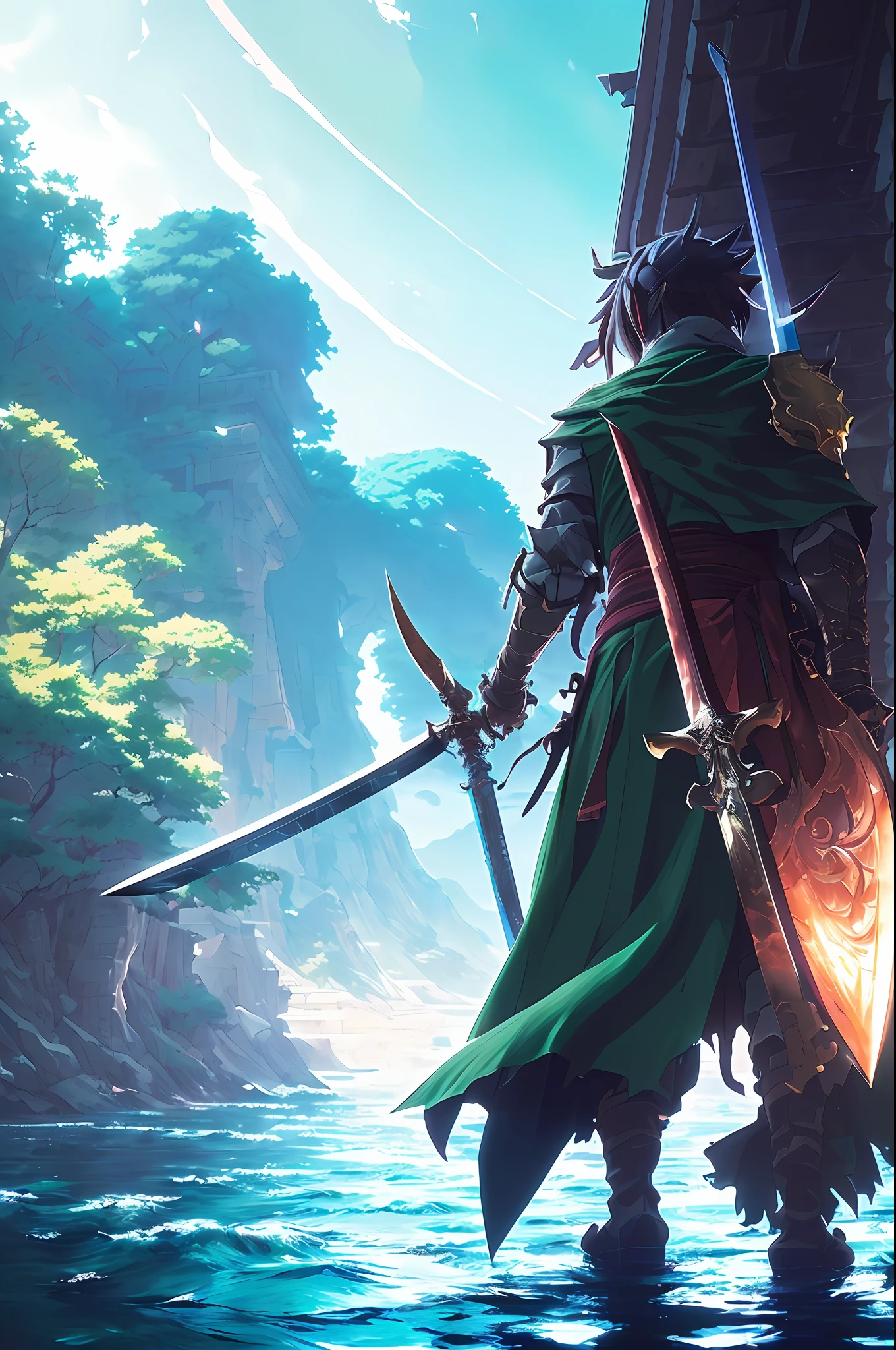 ((masterpiece, best quality)), (extremely detailed CG unity 8k wallpaper, masterpiece, best quality, ultra-detailed, best shadow), (detailed background), (beautiful detailed face, beautiful detailed eyes), High contrast, (best illumination, an extremely delicate and beautiful), (anime girl:1.2), ((anime girl with a katana walking on water, ripples, backdrop of dawn, backshot, saturn in the background, low angled illustration from demon slayer, concept art, anime, key visual, trending pixiv fanbox by wlop and greg rutkowski and makoto shinkai and studio ghibli )), ((caustic)), dynamic angle, beautiful detailed glow,