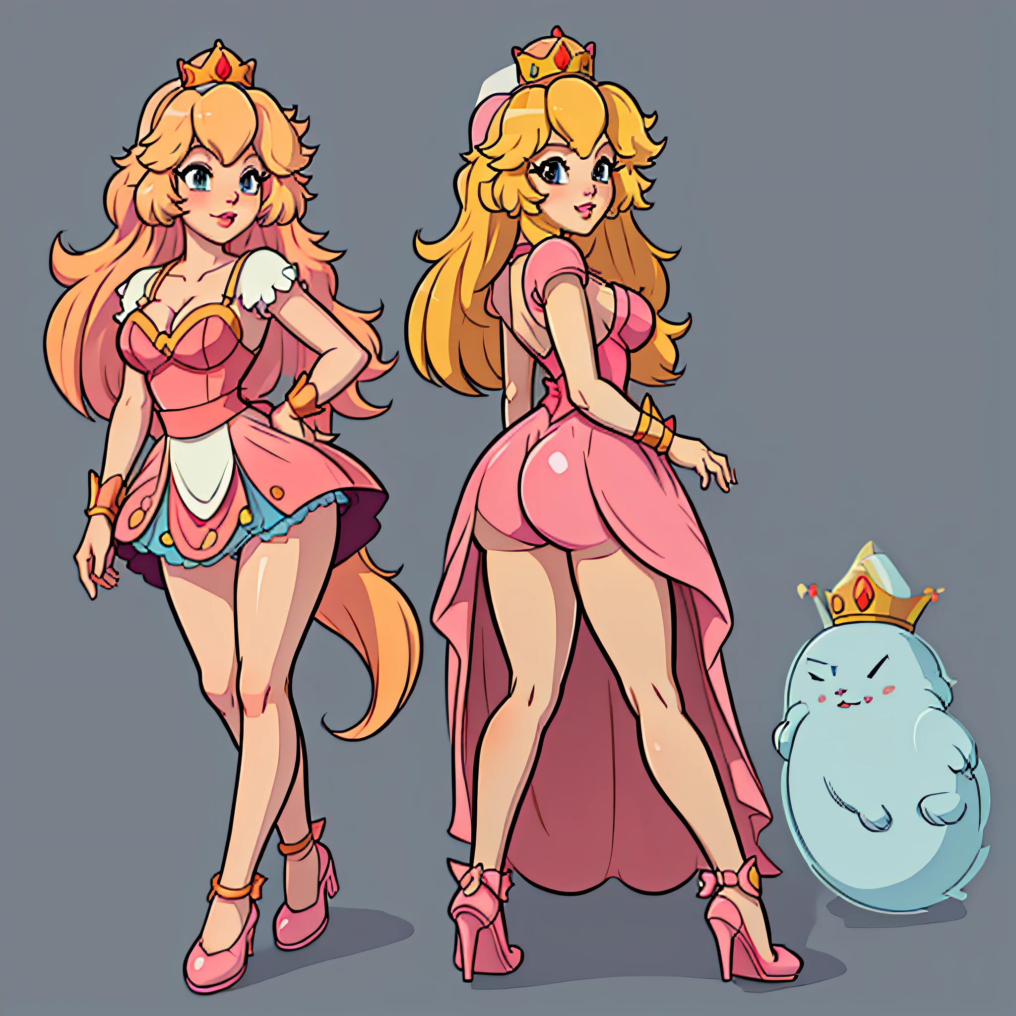 (best quality, masterpiece), (solid outline:1.2),
(princess peach), simple background, side by side, full body, pink dress, long blonde hair, medium breasts, model pose, shoes, Cleavage, face view, ass view
