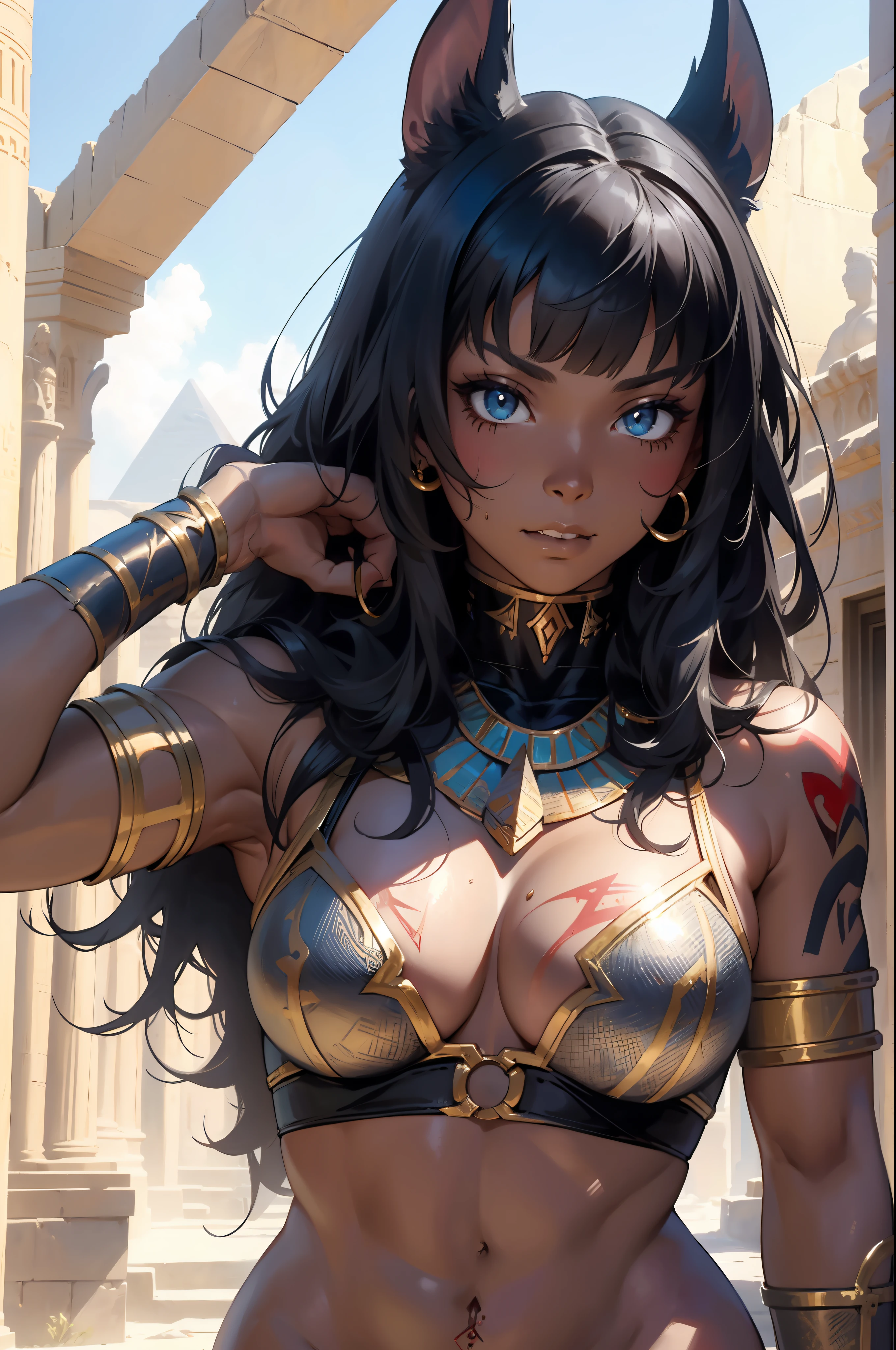 ((Frank Frazetta)), Beautiful full-bodied black woman, 30 years old, Egyptian woman, Egyptian adornments, muscular and perfect body, ((back)), long black hair with heavy bangs on the forehead, red veil, dark skin shiny with oil and sweat, Anubis warrior with little clothing, tiny thong of old body, bra in the shape of a metallic snake covering only a small part of the large breasts, bleeding wounds, scars all over the body, Egyptian tattoo, arms covered in Egyptian adornments, large breasts, generous cleavage, holding a blood-stained club, brave face, dark kingdom, sexy pose, walking in a desert, pyramids in the background