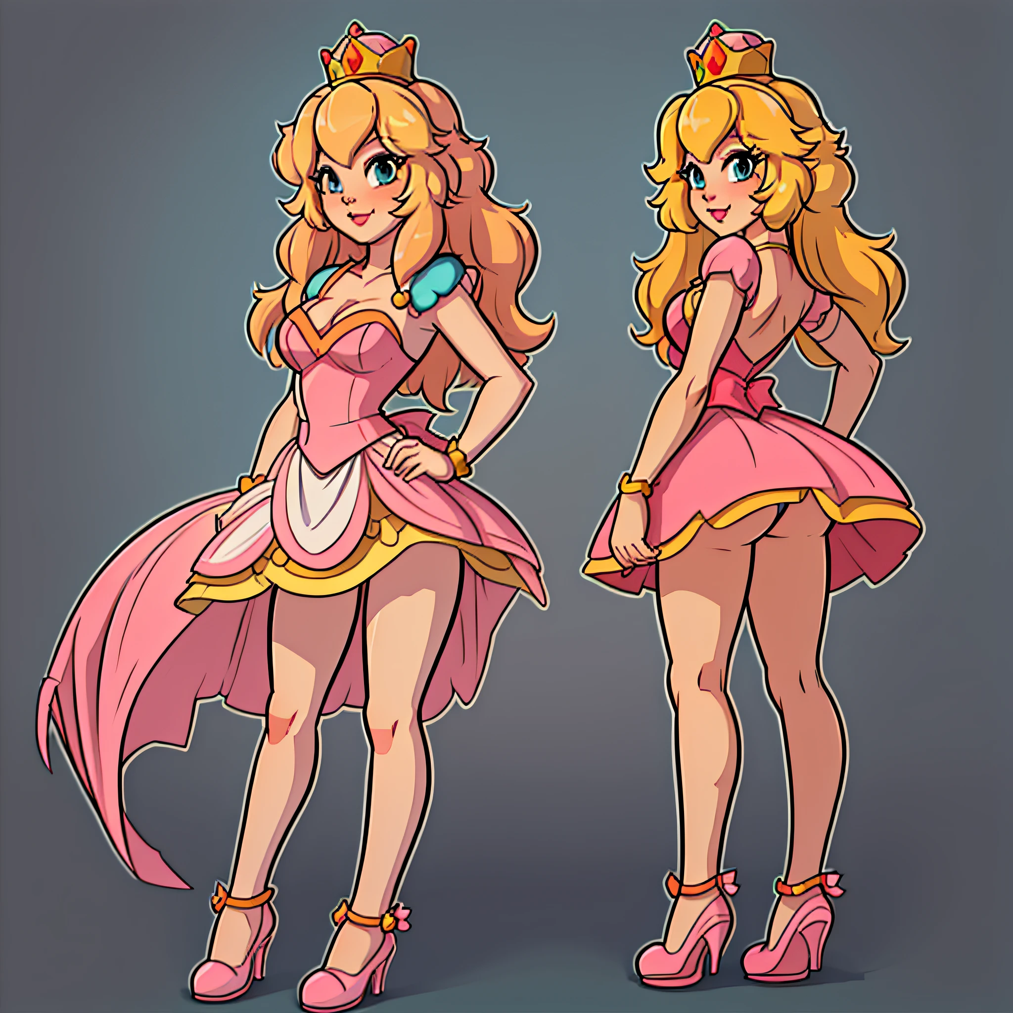 (best quality, masterpiece), (solid outline:1.2),
(princess peach), simple background, side by side, full body, Sexy pink dress, long blonde hair, medium breasts, model pose, shoes, Cleavage, face view, ass view