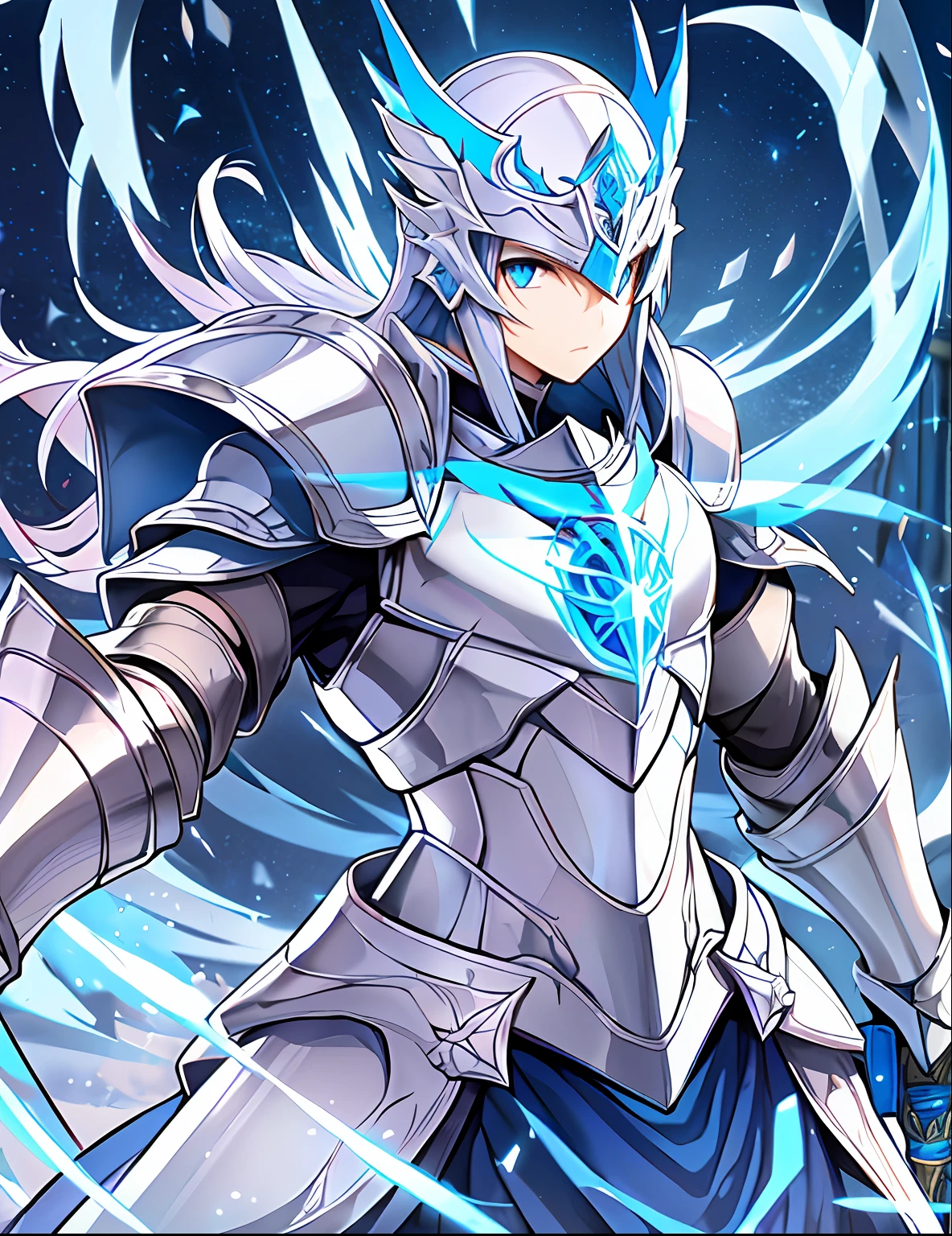 Shiny armor, white and blue armor, helmet with shining eyes, blue shining eyes, overflowing aura, shining metal, shining metal, large sword floating nearby, spear floating nearby, thin sword floating nearby, ax floating nearby, light blue ornaments, dark blue helmet.