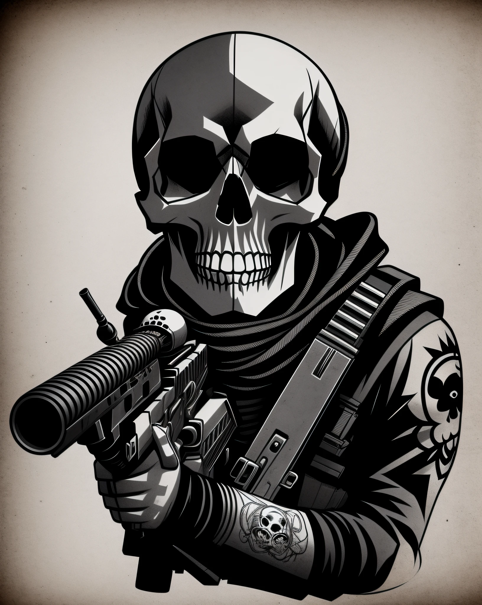 sketch,skull emogi,monochrome,skullpunk,skull background,Rifle,Sniper,only one skull