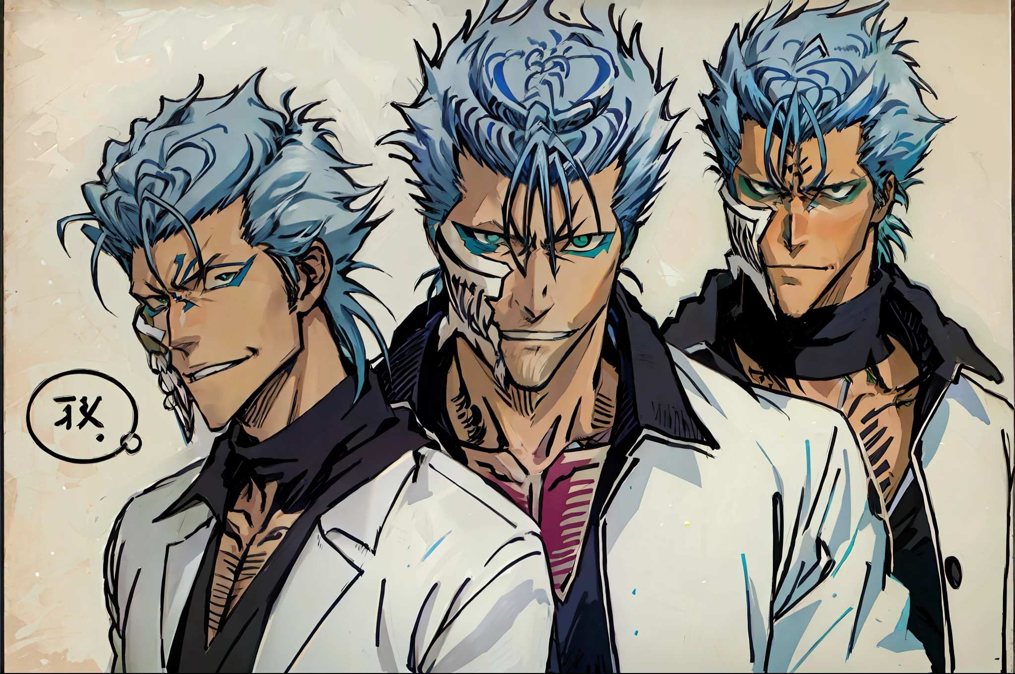 masterpiece, best quality, ((1man)),blue hair,green eyes,serious expression, smiling,waist up,line art,medium hair,white blazer,black t-shirt,expressionless eyes,((Tite Kubo style))