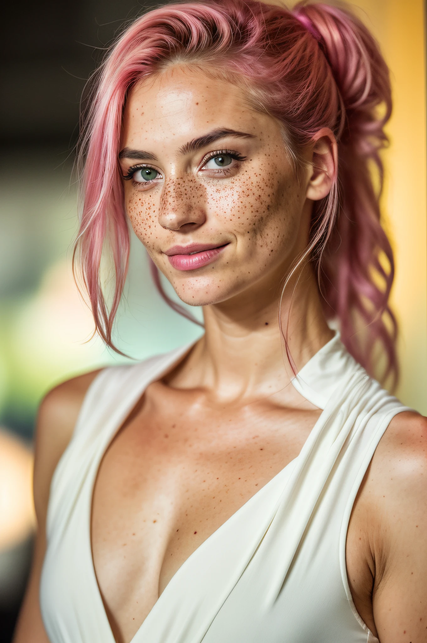 (RAW photo) night scene, close-up photo of a sexy girl, posing, looking at the viewer, smiling, pink hair in a ponytail, handsome young face, 18 yo, soft volumetric lights, soft key and fill lighting, (backlit: 1.3), (cinematic: 1.3), intricate details, (ArtStation: 1.2), skin spots, (freckles: 0.9), detailed eyes, micro details, FUJI XT3,  photorealistic, photorealism