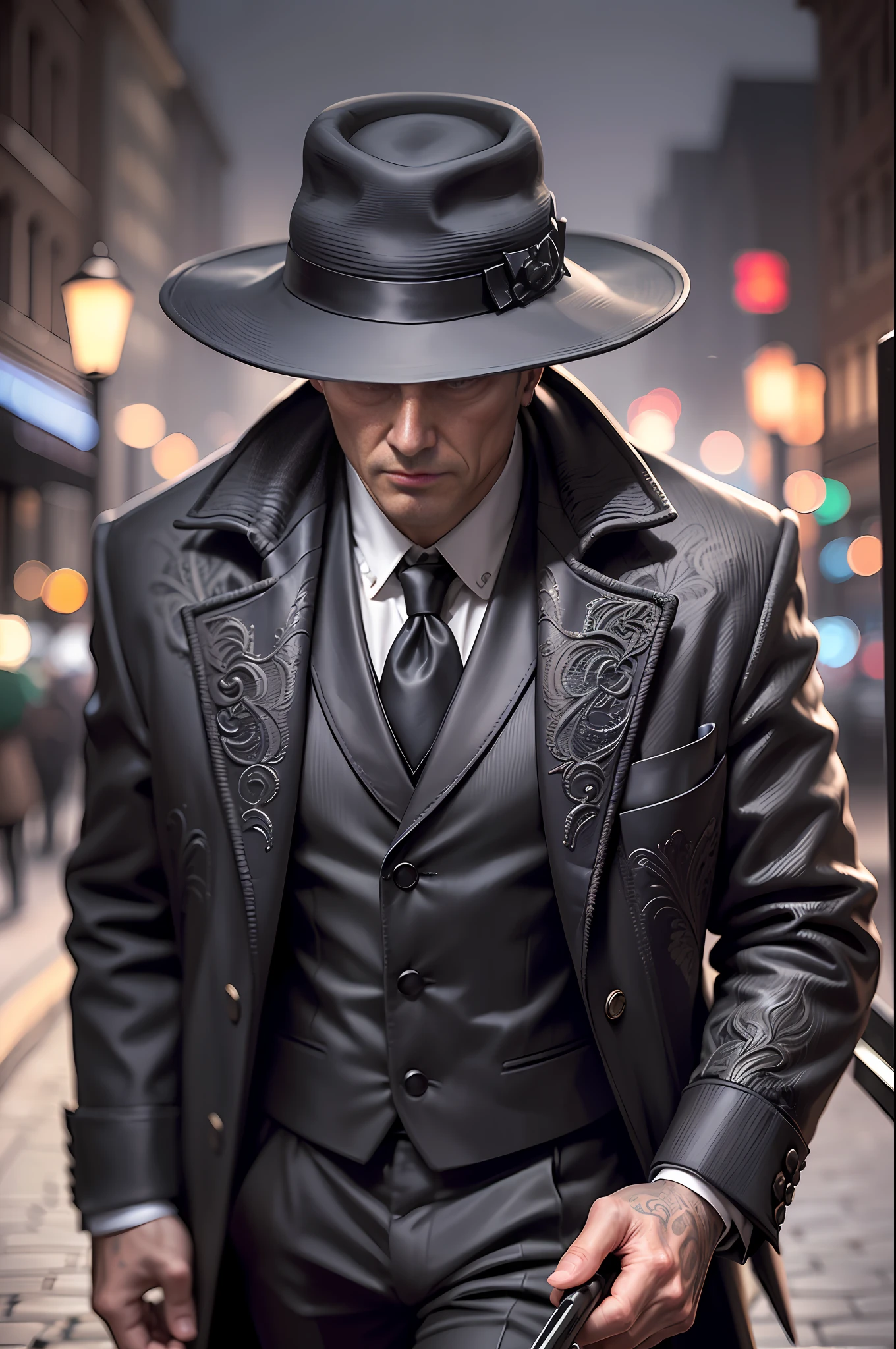 ((hyperrealistic, super-detailed, photorealistic, intricate details)) at night on a dark street, a spy wearing a black overcoat and hat, is carrying a briefcase in his right hand, and in the background the avenue is dimly lit and basically dark. The atmosphere is ominous.