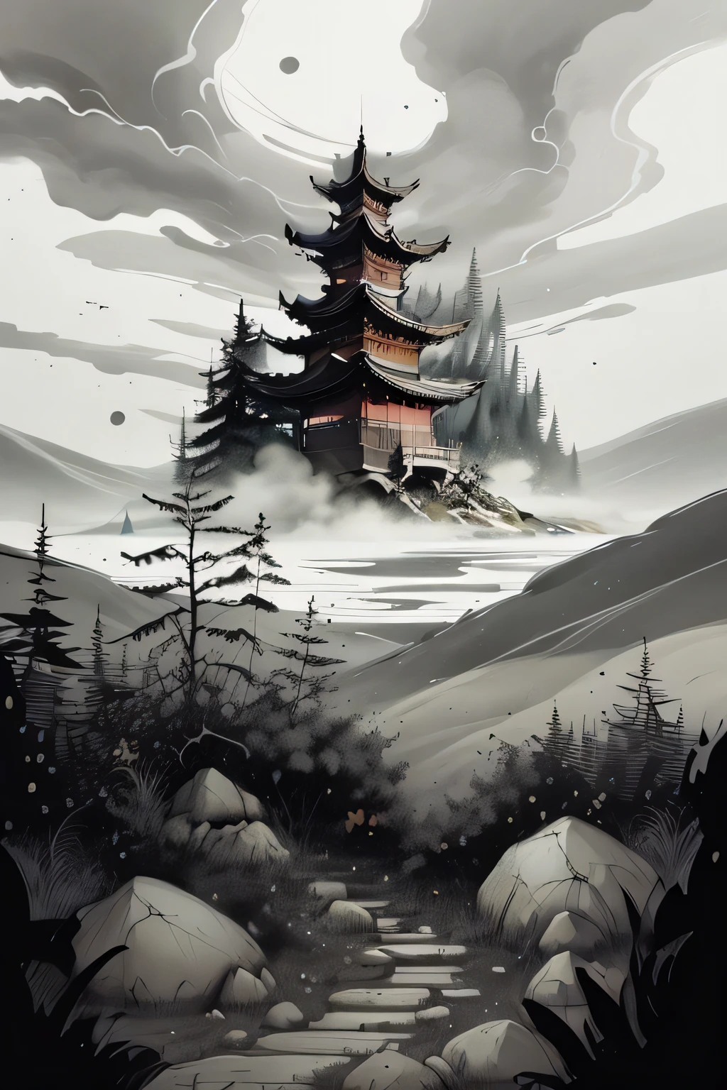 Chinese martial arts style, with vast sky, continuous mountains and steep cliffs, ink wash style, outline light, atmospheric atmosphere, depth of field, mist rising, bamboo, pine trees, stone pavilions, waterfalls,ink