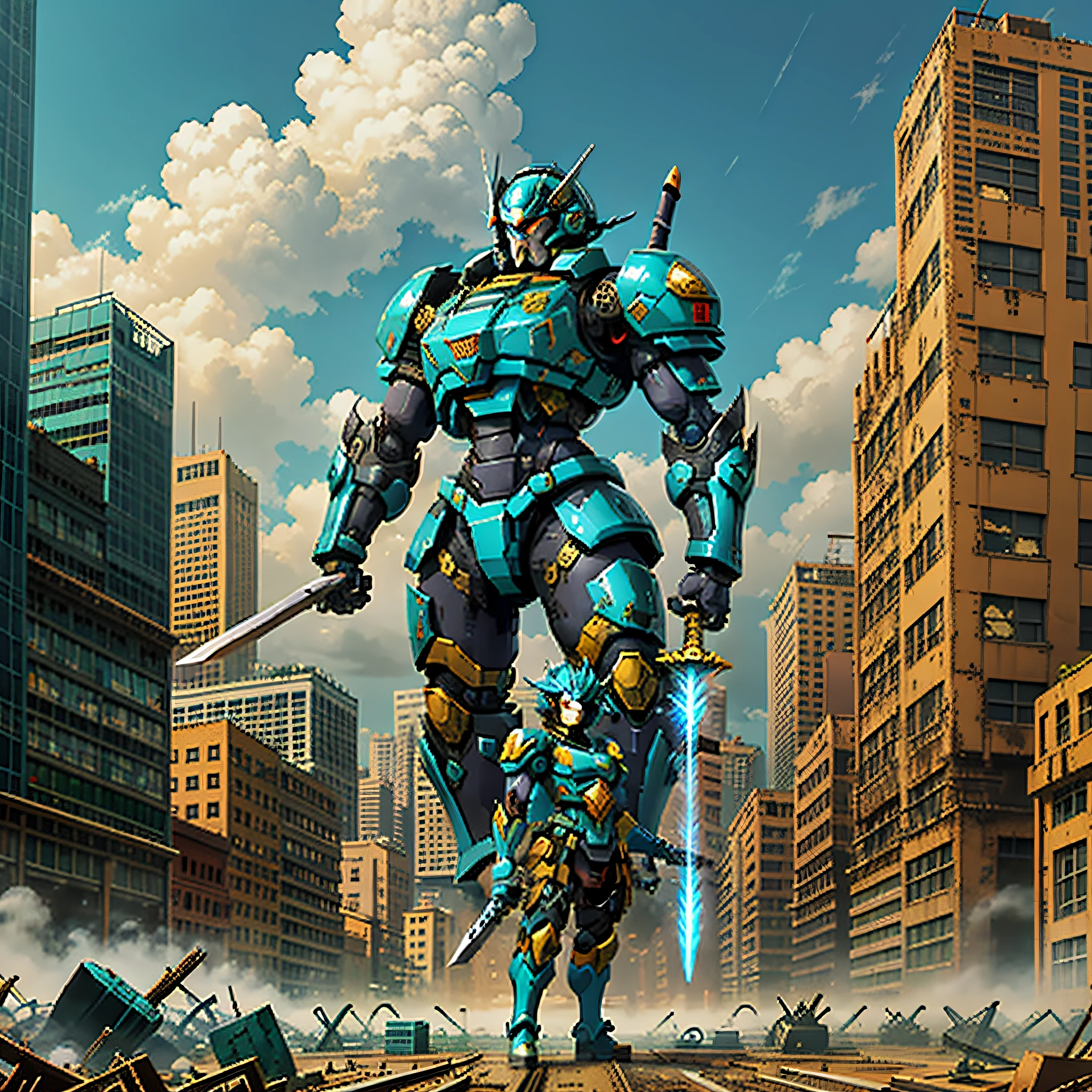 a teal mecha giant robot with a sword and a shield, standing, in a destroyed metropolis