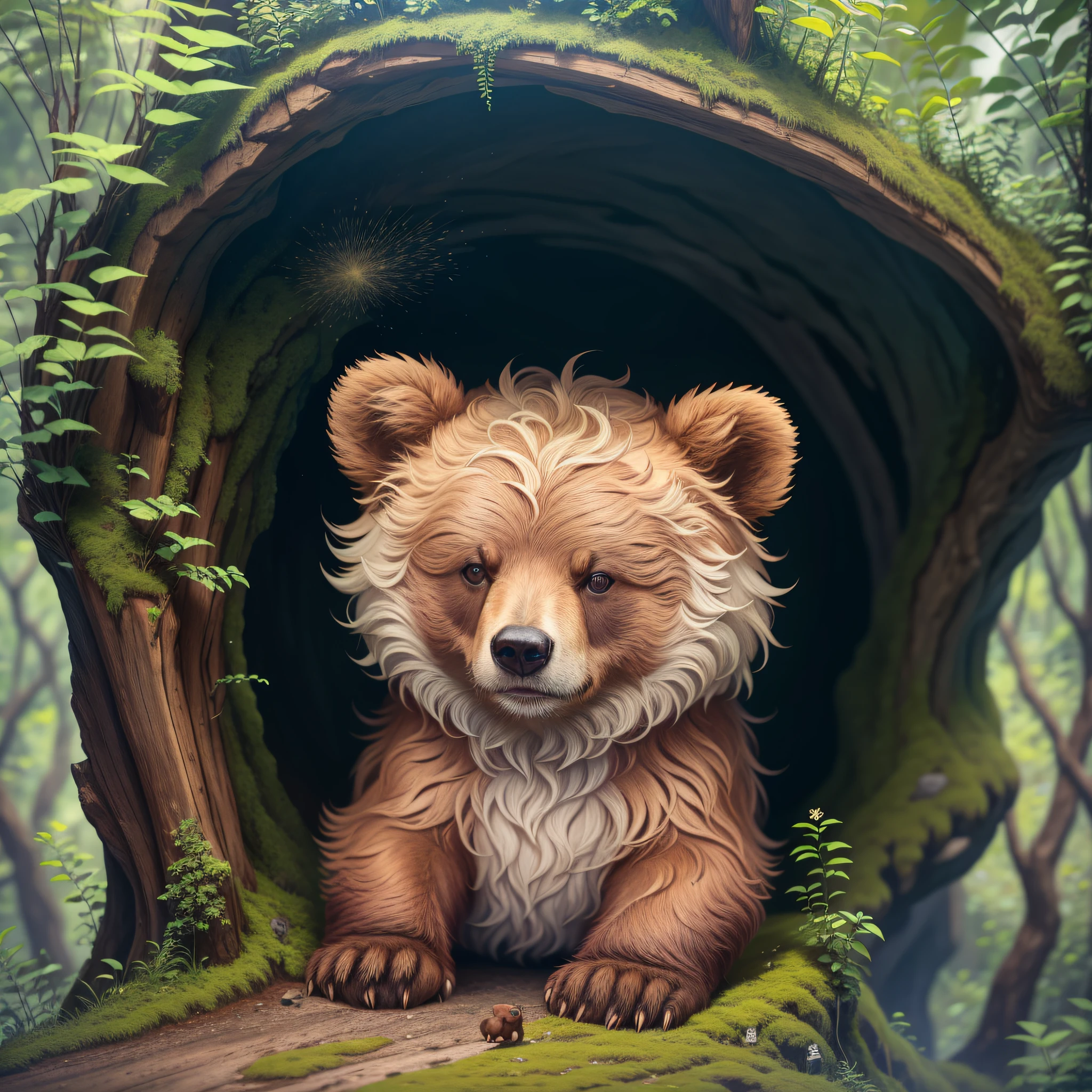 (best quality, 8k) small bear in a cave inside the forest --auto --s2