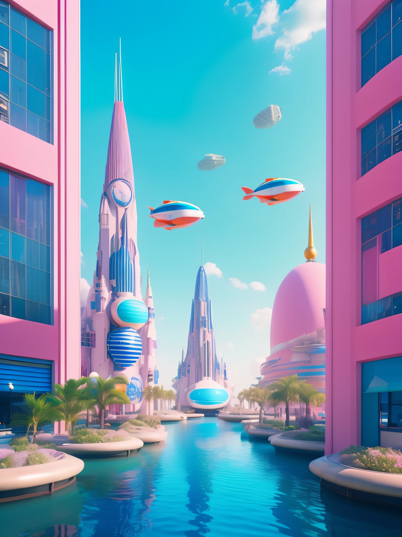 A whimsical and outlandish image of a future world, captured in Wes Anderson's signature style with high saturation colors. The world is populated by fantastical and unusual architecture, with towering spires and bulbous domes painted in bright pinks, greens, and blues. The buildings are designed in a symmetrical layout that creates a sense of order and balance in the bustling metropolis.
The sky is filled with airships and flying cars, moving in a sublime, labyrinthine pattern that defies the imagination. AI-driven robots in sleek white hover around, delivering parcels, while giant, luminescent sea creatures made of plastic float slowly through the sky, mimicking an underwater landscape.
The colors in this utopia are rich and bold, with soft pink and blue contrasting against vivid greens and yellows. The building and the air corridors are painted in vivid and bold hues with lollipop stripes, adding an element of drama and whimsy to the image.
Overall, the image