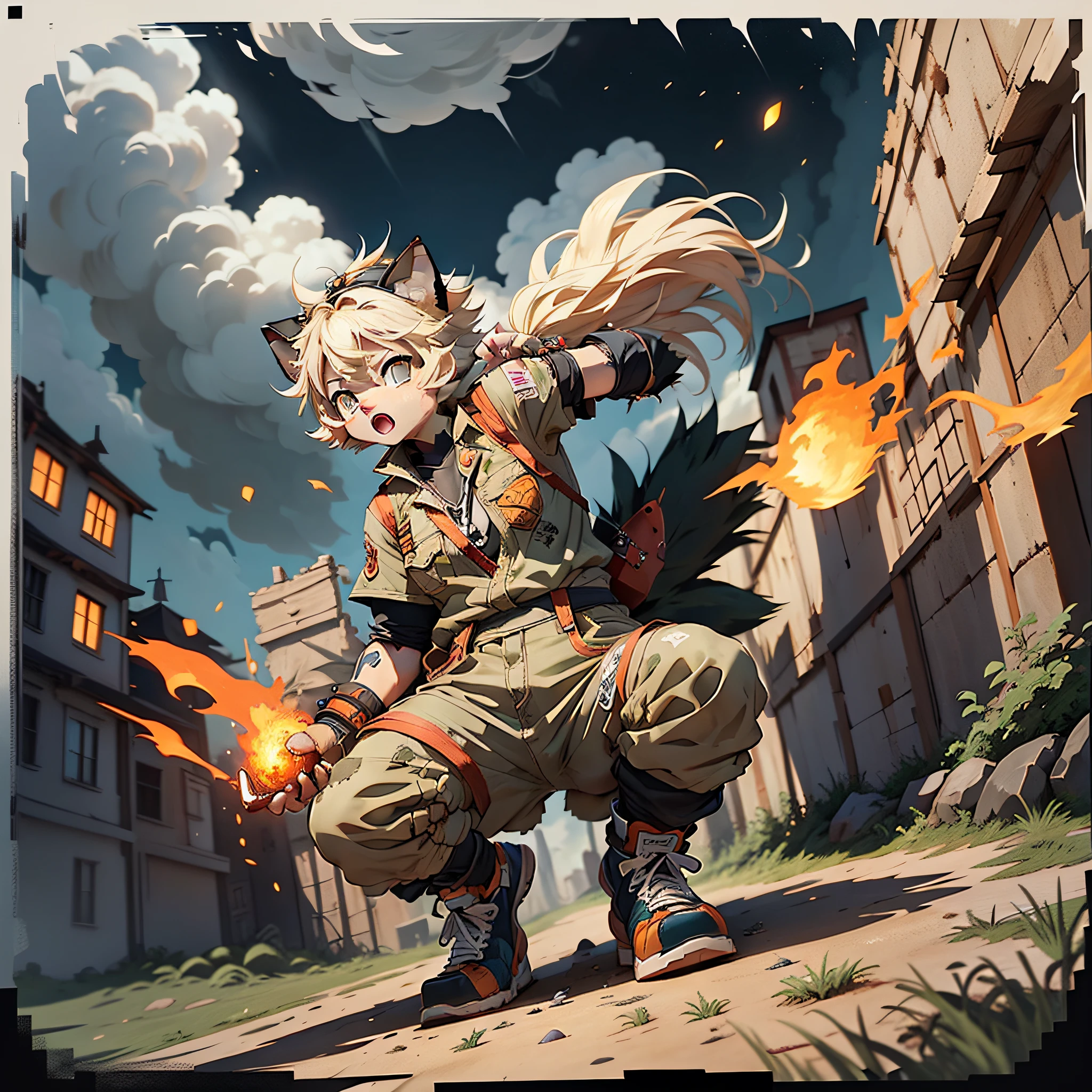 Poster, blue background sky white cloud style Pixar, 3D, a cute orange metal texture minecart flying in the air, cute kids driving mine carts, cute cartoon, a lot of details, sense of space front and rear is obvious, the image should have impact ,hedgehog girl, female face manga style with rainbow colored eyes , eyes resemble the eyes of the character Kirino Kosaka, wear only the shape of the eyes, rabbit nose, cat's mouth, yellowish fur, long spiky hair shaped like Sonic-like thorns of orange yellow color, muscular body shape like Cammy's from Street Fighter, her clothes are wearing a jean shorts jumpsuit, one piece, battered farmer-like outfit, wears underneath the jumpsuit a simple medieval-style shirt made of half-brown cotton,  The thigh is apparent showing tattoo of rays, has short hair on the legs, wears a type of medieval sneakers, the arms are apparent, with its slightly pointed hair, wears medieval working gloves on the hands. The environment is a forest with several monsters that were not used in games, take examples of monsters excluded from the games to put as part of the background environment, mainly pokémon. Make the environment creative with battles in the background, fighting spirit,, the crumbling walls, ((the flames are everywhere)), (the clouds are overwhelmed), the strange, the strange, the smell of corruption, ((the cracked ground)), ((the burning red magma flowing)), (blood))), ((lightning)), jagged roads, holes, (body curled up in flames)))), intestines pierced belly, flayed face, ((roaring)), a warrior hunting,  huge cracks in the stone wall, Gravel block, Bleeding eyes, Blood red, Blood red, (Large pieces of blood), dynamic, closeup face, beautiful face, beautiful skin, firm abdominals, slender, (spotlight)), [realistic] ([details], slender, sweat, fighting spirit, tail ring, no humans, soil,