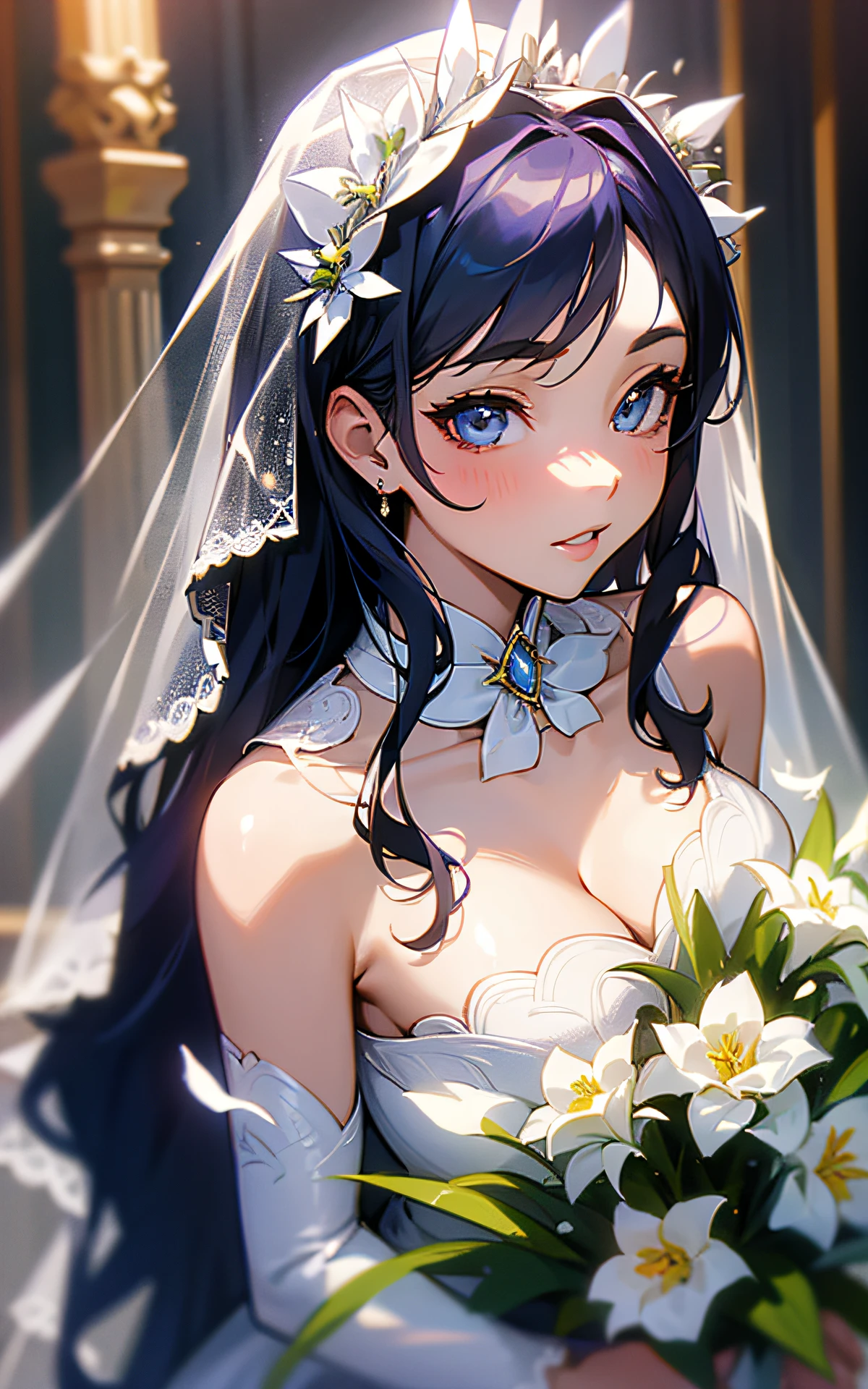 austics, cinematic lighting, detailed, beautiful detailed eyes, NSFW: 2.0, 30 years old, dynamic pose)), ultra high resolution, ((cleavage)), fine skin, (cute: 1.2), clavicle, ((JPOP Idol)), ((attractive)), (paul white wedding dress: 2.0, Wedding veil, from above: 2.0, wedding, bride, holding one bouquet with both hands: 2.0))