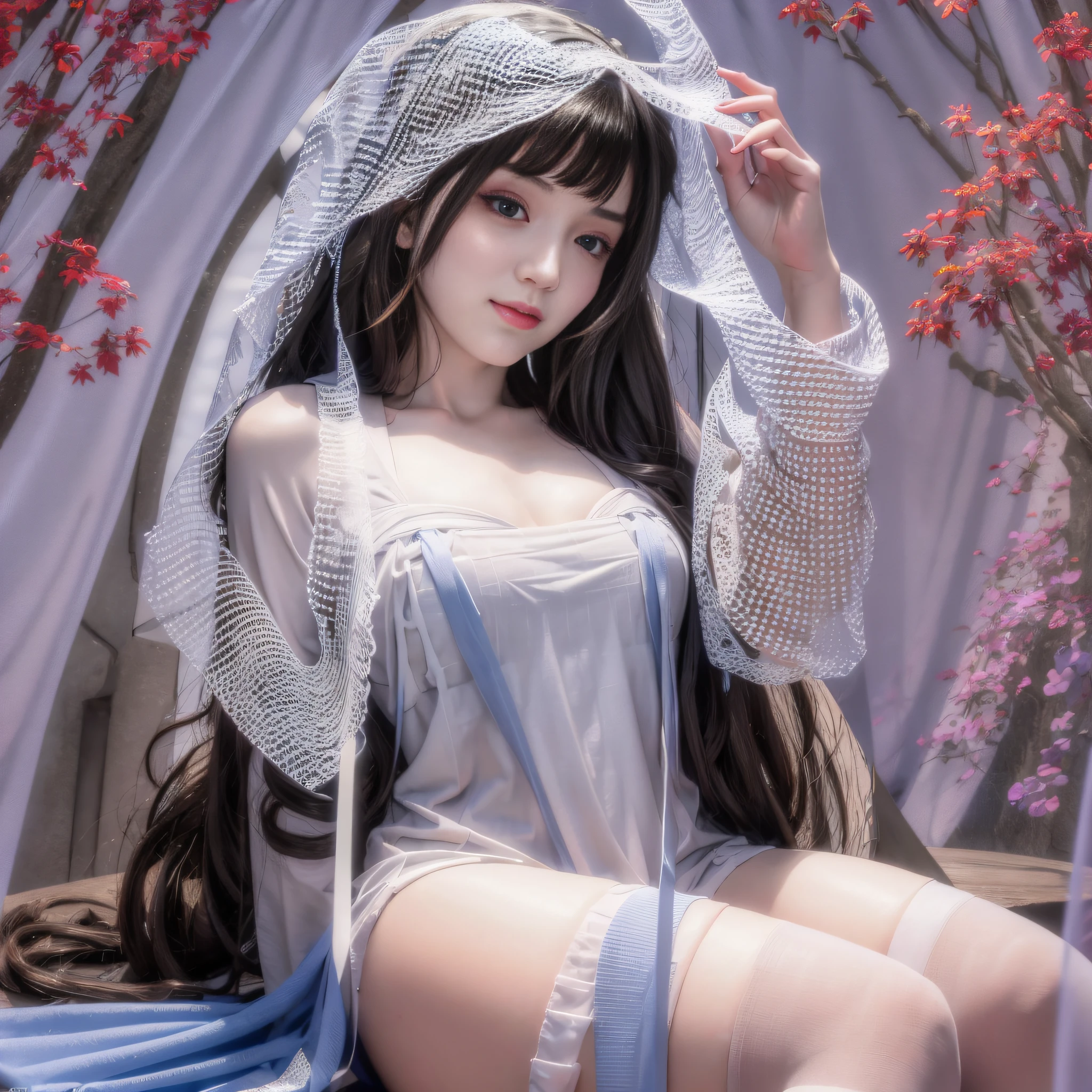 masterpiece, best quality, aponia_outfit, 1girl, solo, looking at viewer, breasts, white background, blue eyes, large breasts, simple background, smile, sitting, nun, veil, black dress, breast curtains, detached sleeves, long sleeves, frills, pelvic curtain, sideless outfit, butterfly dress