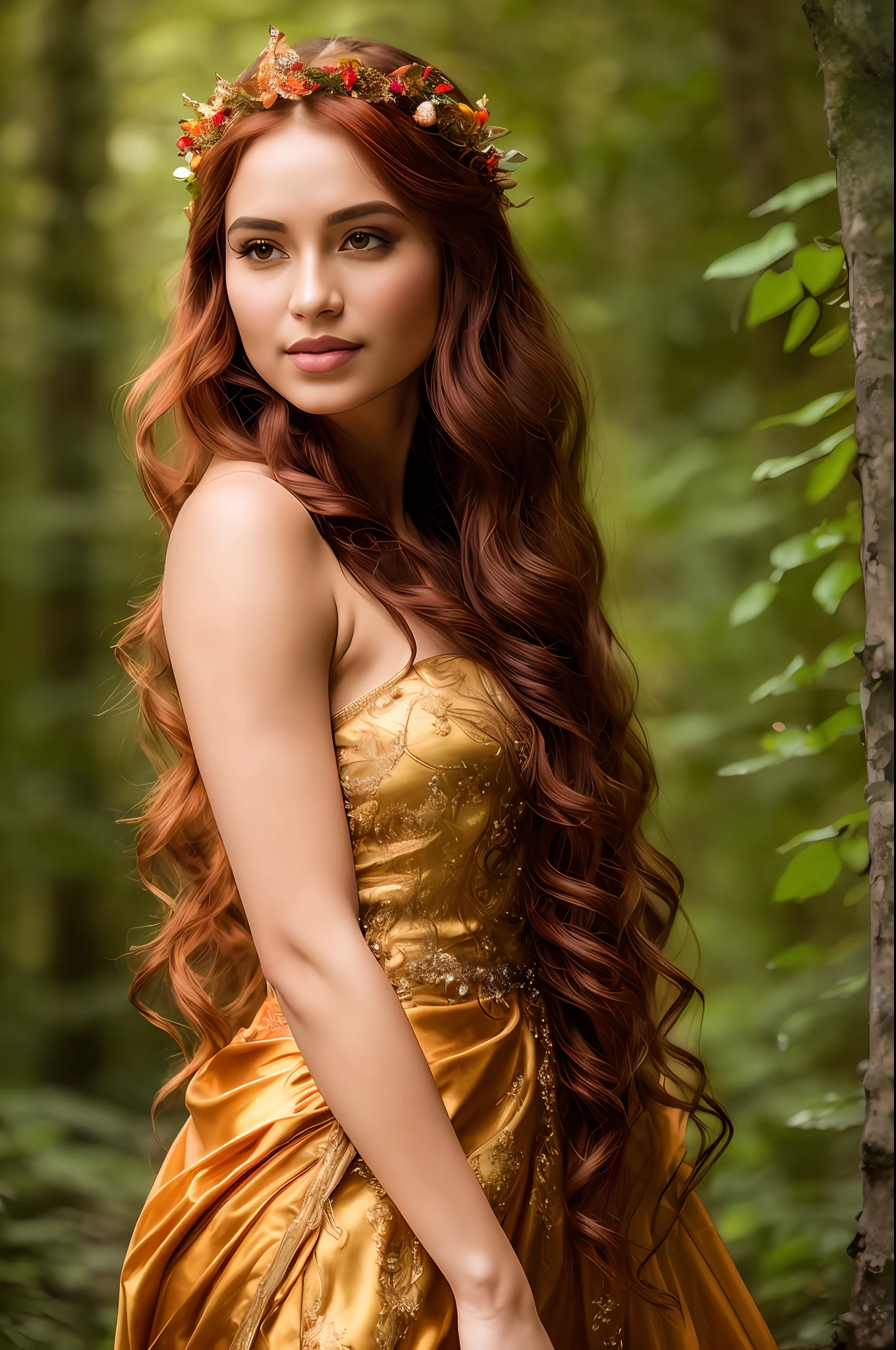long flowing curls, fiery red hair color, piercing golden eyes, elegant kneeling pose, enchanted forest background, floral crown, flowing gown with intricate embroidery, draped shawl, holding a glowing crystal orb, close-up camera angle, soft sunlight streaming through the trees, delicate anklet with nature motifs, ethereal glow surrounding her, surrounded by magical woodland creatures,
((Hesti Purwadinata:1.5)), perfect very small-sized breasts ,smooth and flawless skin, Indonesian, sundanese, wet skin, bushy pubic hair, ((tanned skin:1.1)),
(masterpiece:1.5),(photorealistic:1.5), RAW Photo, (best quality:1.5),(((award winning))),(ultra highres:1.5), 1200 dpi, (16K), ((HDR:1.5)), (vivid colors:1.3), Hyperrealism,((realistic face)), ultra-realistic, perfect face, Fujicolor, (Cinematic lighting) , (natural lighting:1.05), moody lighting, Hasselblad, 85mm, f/2.8, ((medium shoot:1.3)) , (focus on face) , (silhouette:1.0) , (illustration:1.3), (sharp focus:1.3), (sharp eyeliner, eyeshadow, detailed eyes:1.1), ((profesional shoot:1.5)), Cinematic still frame, movie still, 1200 dpi, cinematic, anamorphic, (silhouette:1.0) ,
