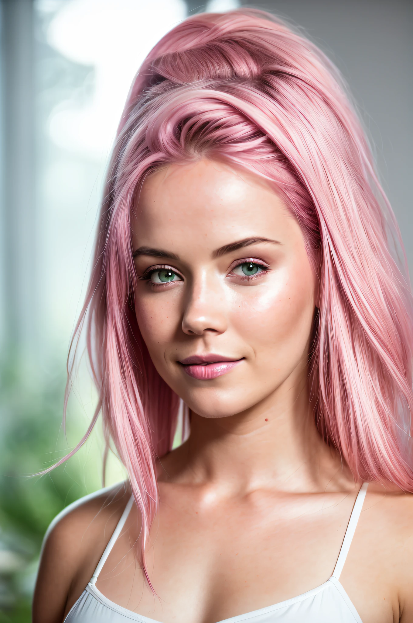 There is a woman with pink hair and a white bra top, run smooth shot 8 K, with pink hair, smooth pink skin, bright pink face, light pink hair, pink hair, long pink hair, running beautiful model, flowing pink hair, iridescent skin, pink skin, pink face, straight pink hair, long flowing pink hair,