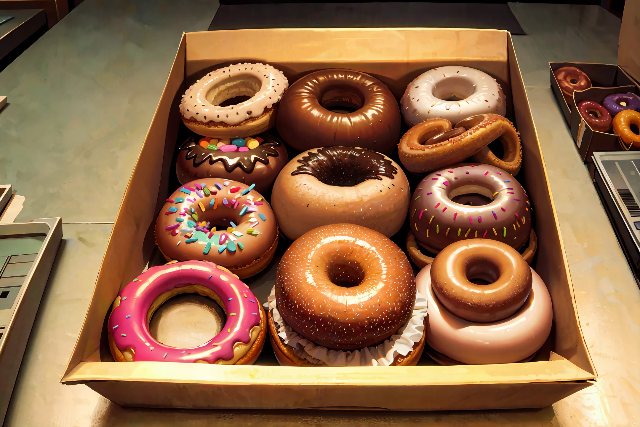 Box with donuts of different flavors, high detail, full hd quality