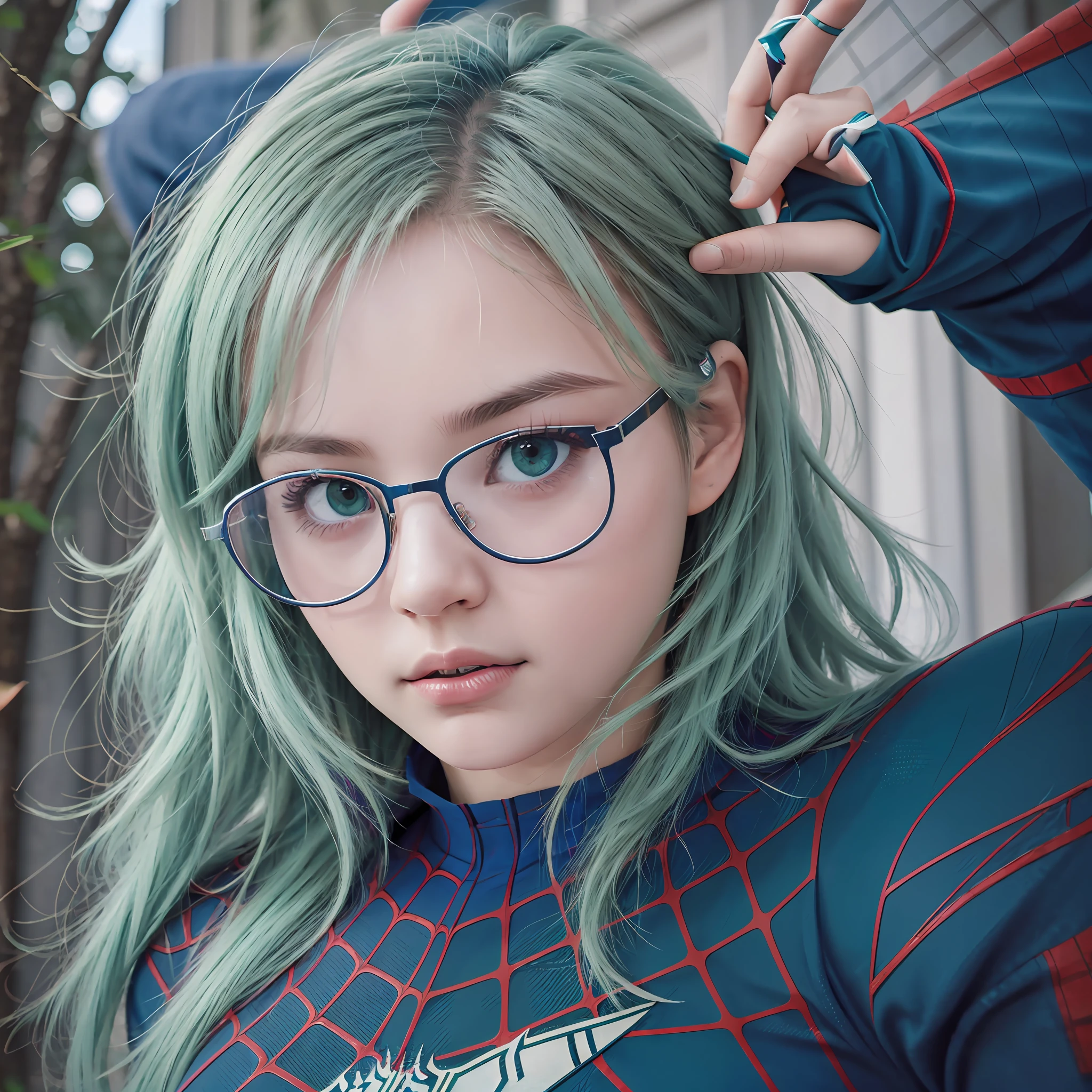 Ultra quality, ultra realistic, super detailed, best quality, girl, glasses, green eyes, blue hair, sleep face, spider man uniform, inverted scenery --auto --s2