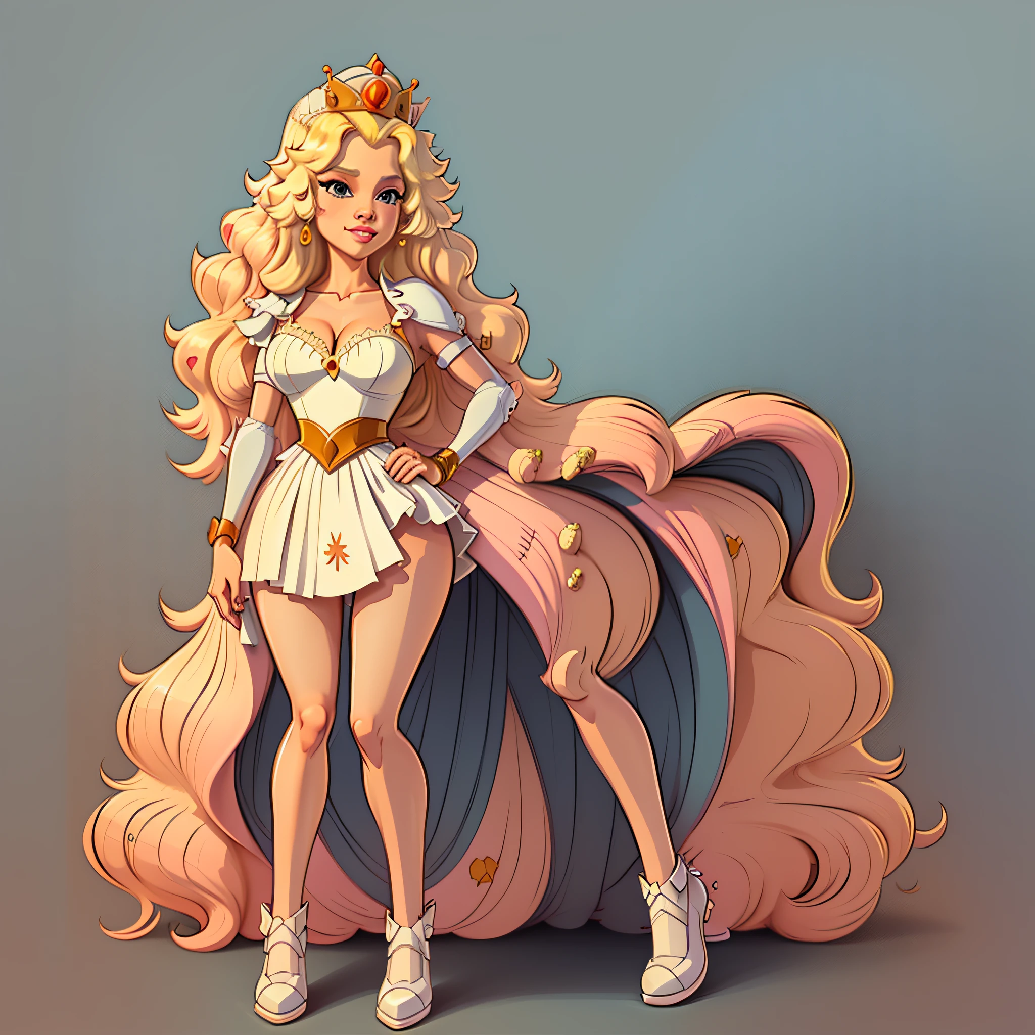 (best quality, masterpiece), (solid outline:1.2),
(princess peach), simple background, solo women, full body, Sexy pink dress, long blonde hair, crown, wavy hair, detailed face, smirking, medium breasts, model pose, shoes, Cleavage, face view, ass view, white panties