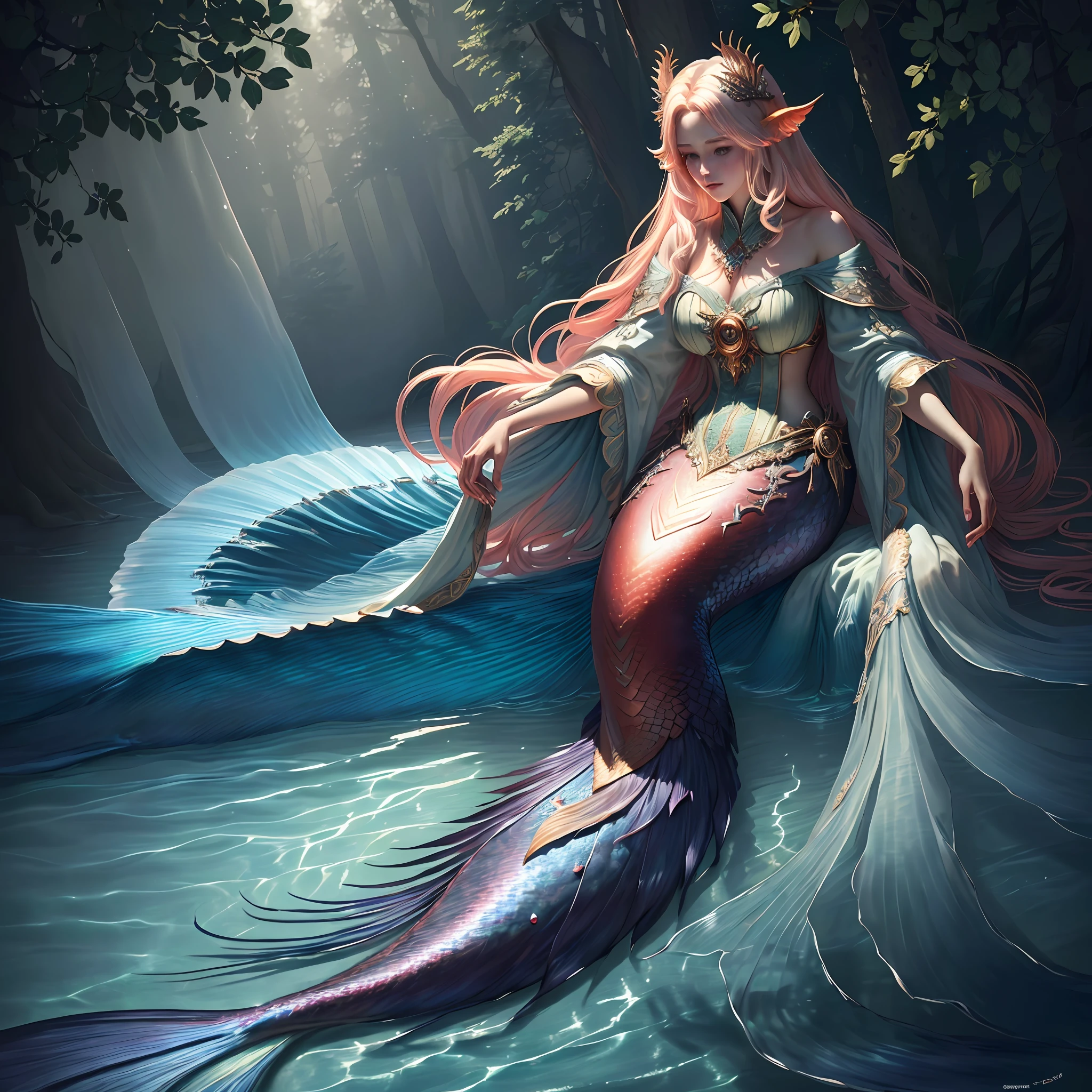 Masterpiece, best quality, (very detailed CG unified 8k wallpaper), (best quality), (best illustration), (best shadow), realistic lighting, full body shot, mermaid portrait, fish fin ears, intricate, elegant, very detailed, handsome, very detailed, claws, in the forest, blood, rags, beautiful face, dreamy, medieval, beautiful detailed light