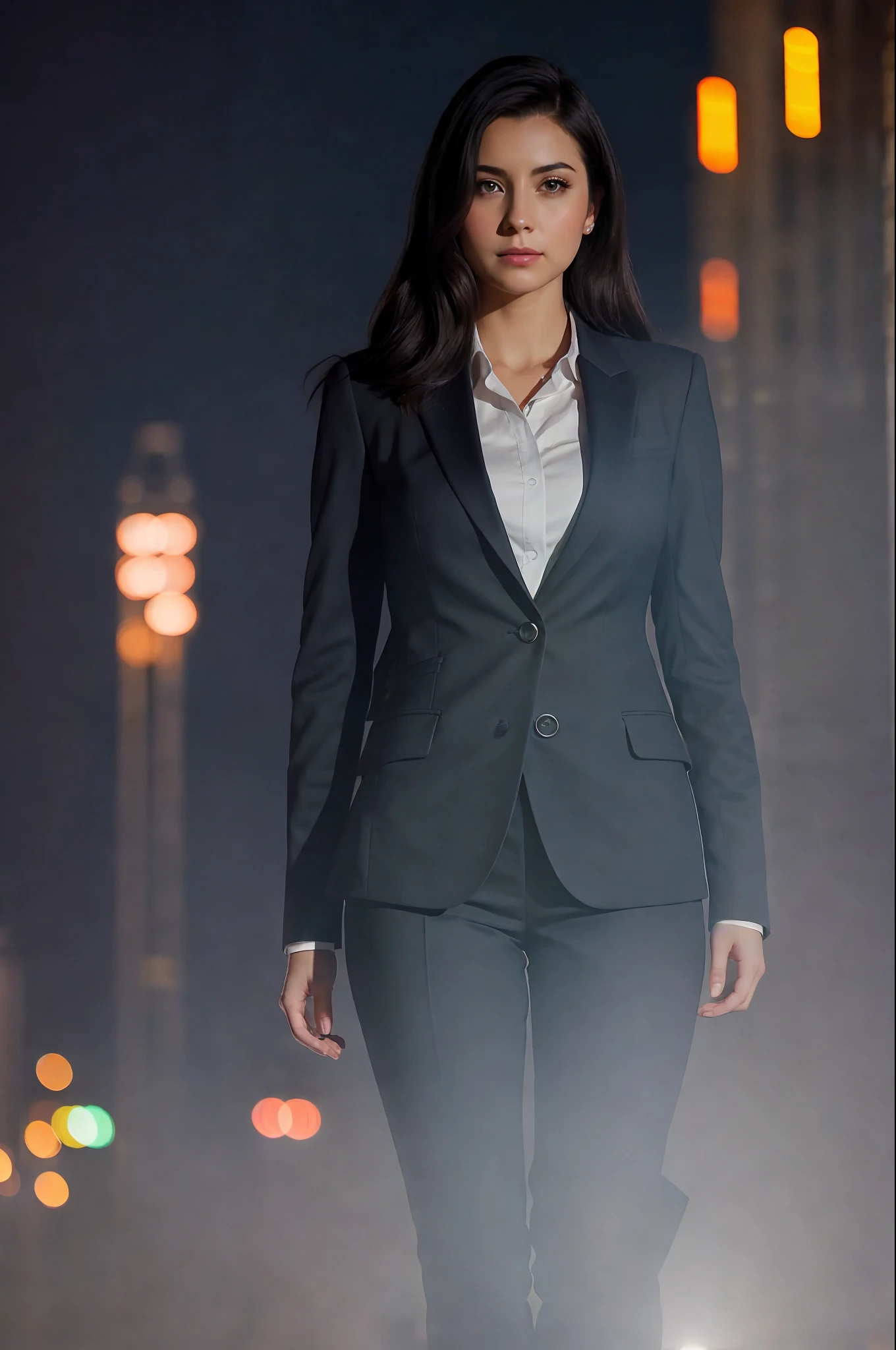average photo of a business woman (two-piece suit), shoulder-length hair, dark hair, intricate magic + city, night, dark, atmospheric, fog, best quality masterpiece, photorealistic, detailed, 8k, HDR, shallow depth of field, wide light, high contrast, backlighting, light brightness, chromatic aberration, sharp focus, RAW color photo,