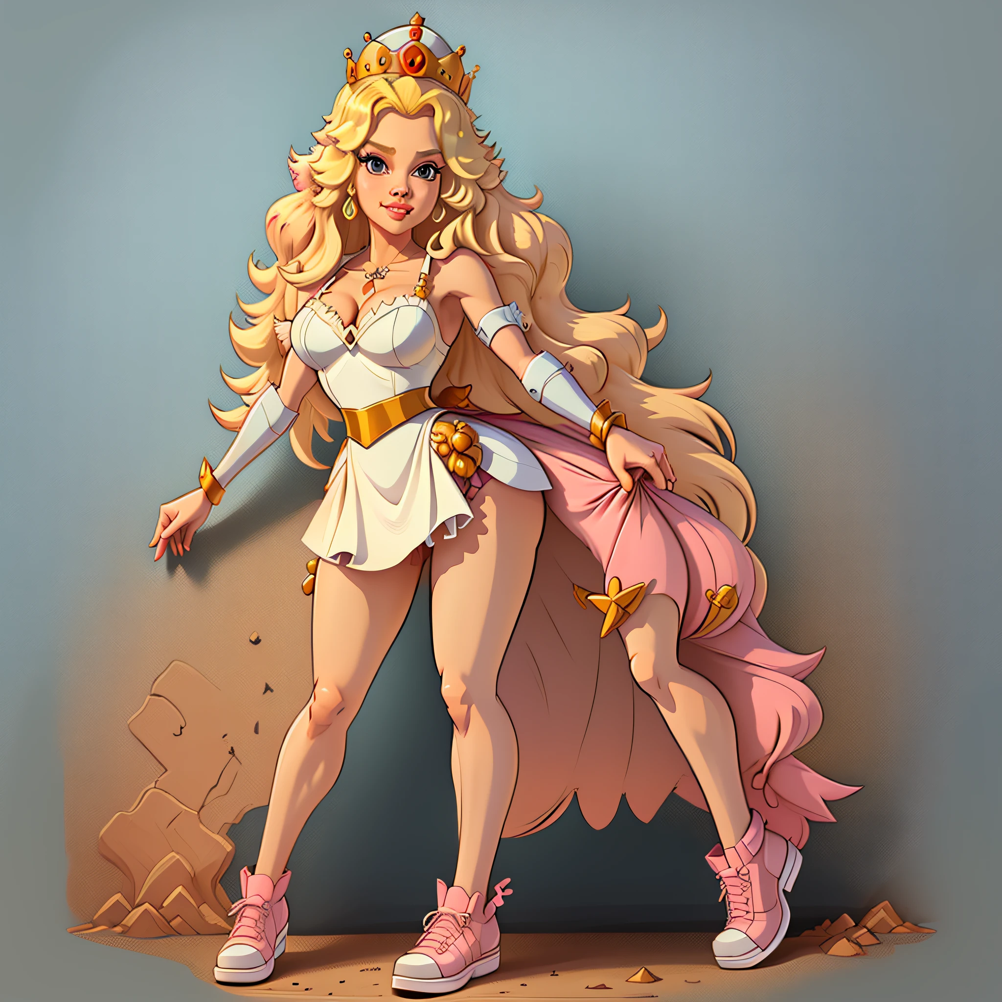 (best quality, masterpiece), (solid outline:1.2), (princess peach), simple background, solo women, full body, Sexy pink dress, long blonde hair, crown, wavy hair, detailed face, smirking, medium breasts, model pose, shoes, Cleavage, face view, ass view, white panties