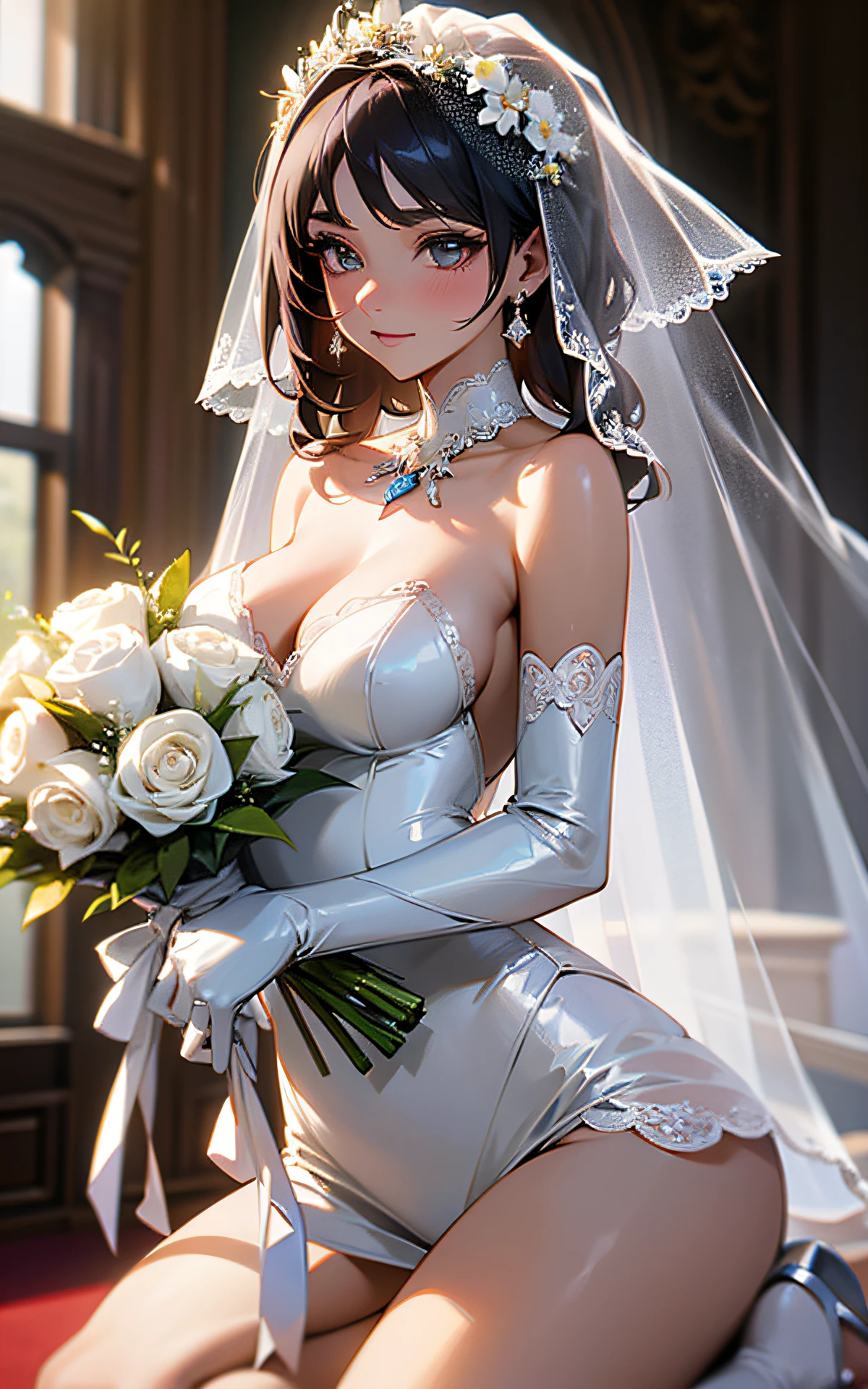 austics, cinematic lighting, detailed, beautiful detailed eyes, NSFW: 2.0, 30 years old, dynamic pose)), ultra high resolution, ((cleavage)), fine skin, (cute: 1.2), clavicle, ((JPOP Idol)), ((attractive)), (paul white wedding dress: 2.0, Wedding veil, kneeling: 2.0, wedding, bride, holding one bouquet with both hands: 2.0))