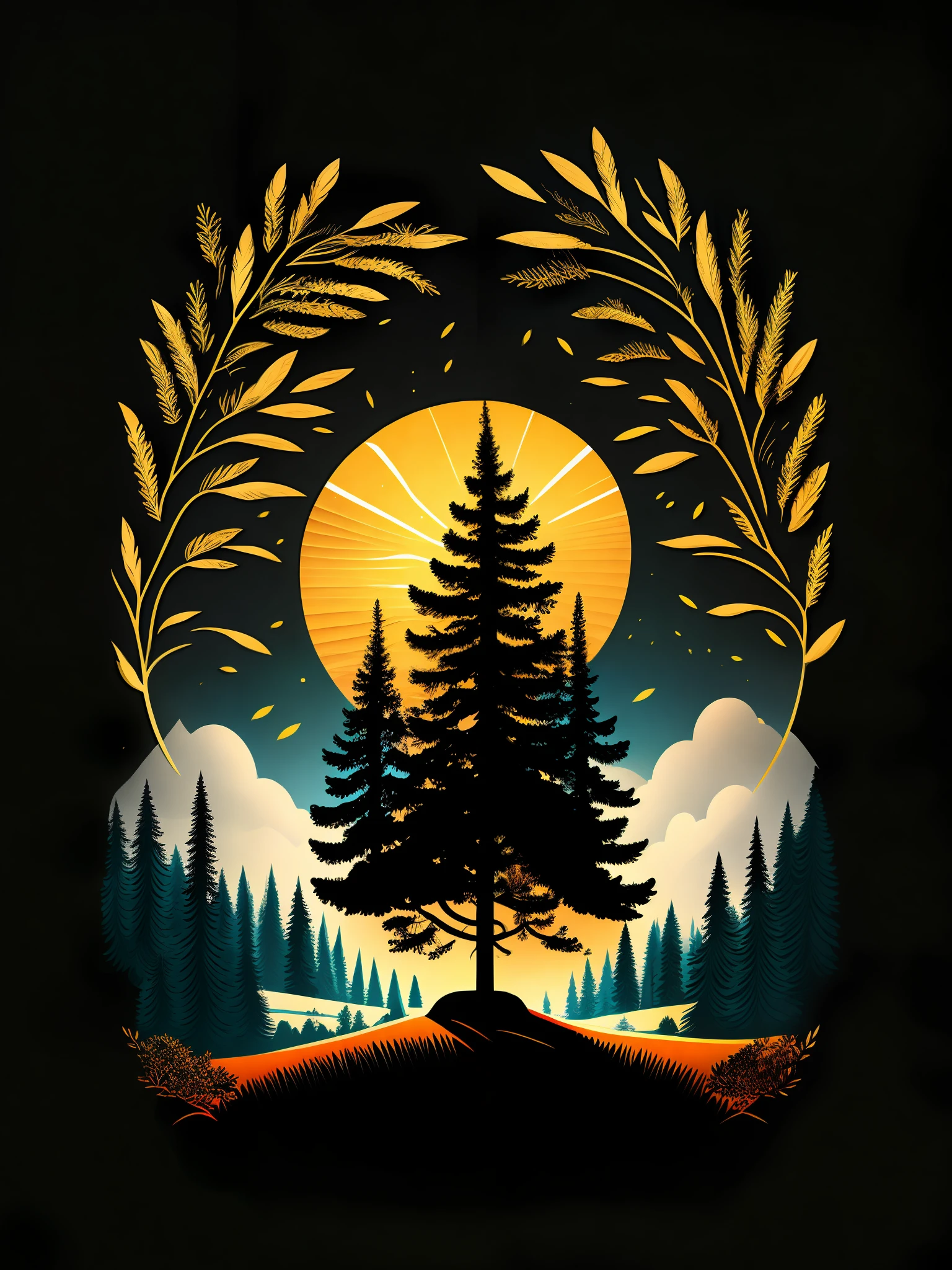 A spruce tree in a spring landscape, T-shirt design, rzminjourney, vector art, with black background, with a sun in the background