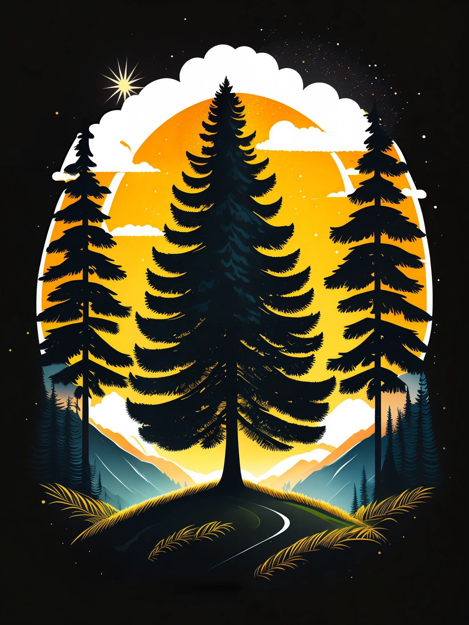 A spruce tree in a spring landscape, T-shirt design, rzminjourney, vector art, with black background, with a sun in the background
