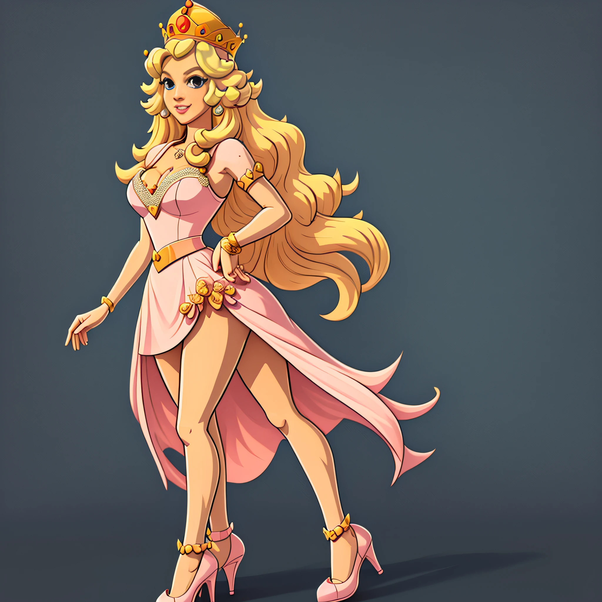 (best quality, masterpiece), (solid outline:1.2), (princess peach), simple background, solo women, full body, Sexy pink dress, long blonde hair, crown, wavy hair, detailed face, smirking, medium breasts, model pose, shoes, Cleavage, face view, ass view, white panties