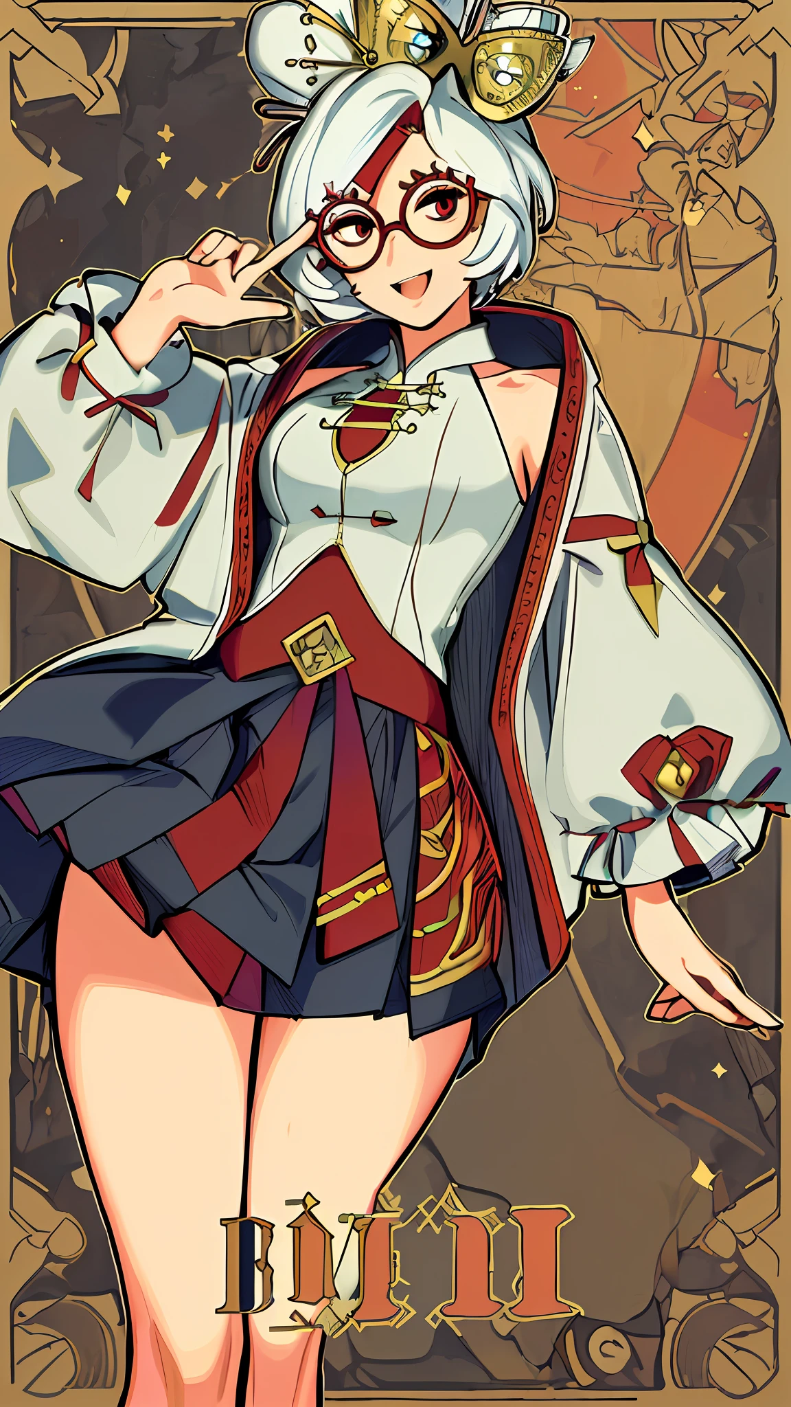 (((masterpiece))),(((bestquality))),((ultra-detailed)),(illustration),((anextremelydelicateandbeautiful)),dynamicangle,floating,(beautifuldetailedeyes),(detailedlight) (1girl), solo, purah, red glasses, hair ornament, white jacket, sleeveless shirt, black skirt, looking at viewer, smile, open mouth, furrowed brow