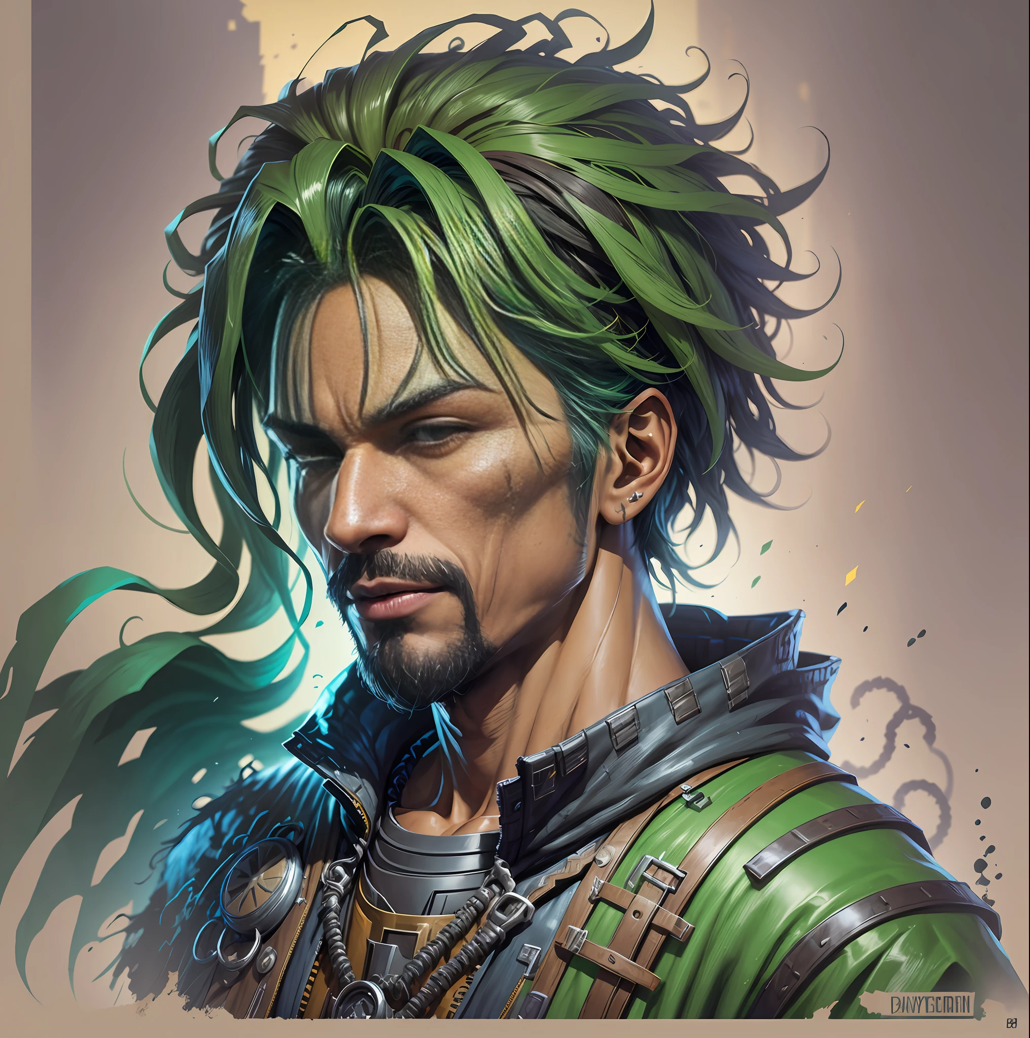 Create a DC comics style character, a man, hair blooming color, brown skin, different from those that exist, well detailed, tattered clothes, fortnite style scenery, high quality in details, looking at the front of the screen, green hair flake, clothing with green details, all well detailed.