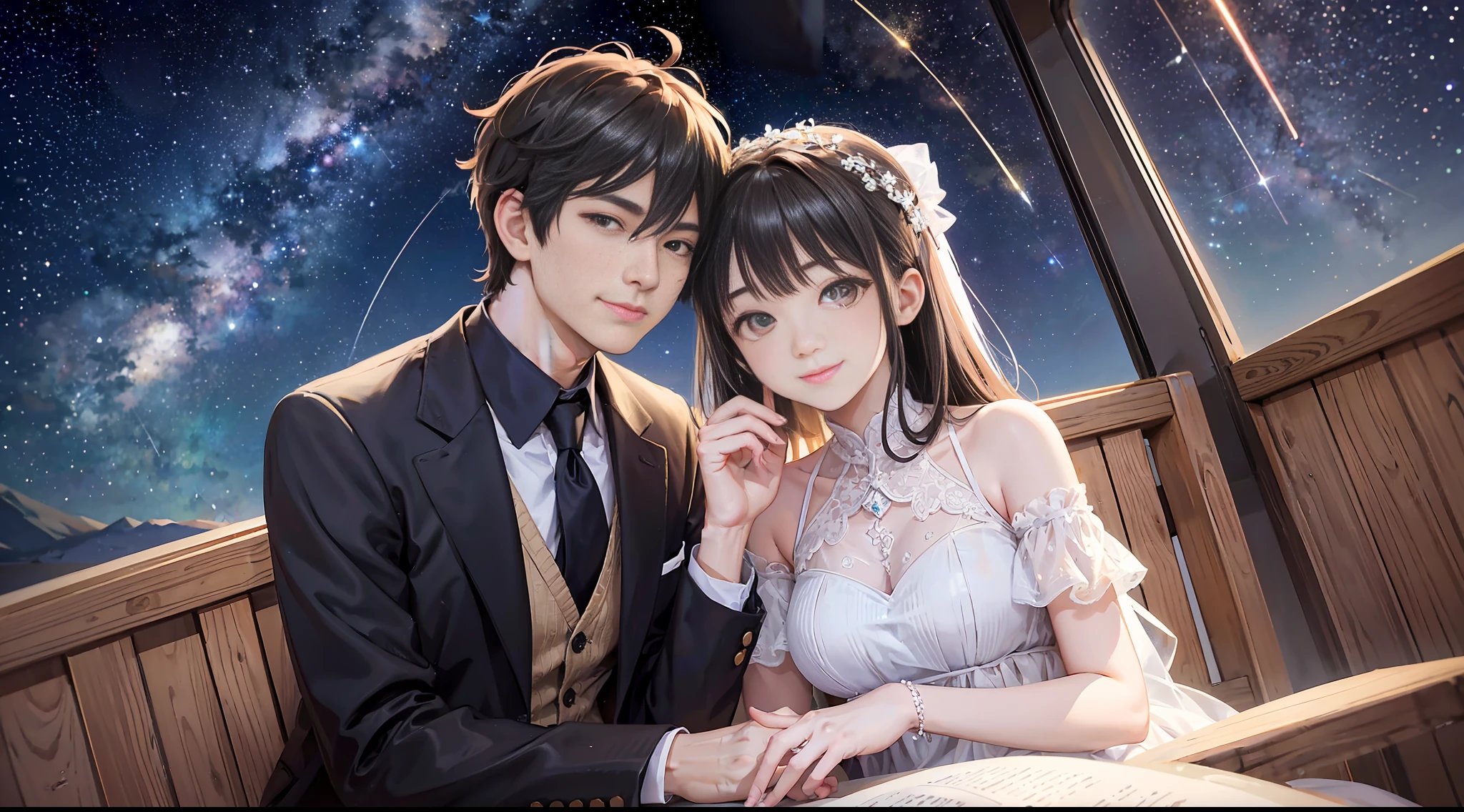 smiling, Meteor shower in a starry sky, a couple sitting together looking at the stars, masterpiece, best quality, intricate detail, absurdres --auto --s2