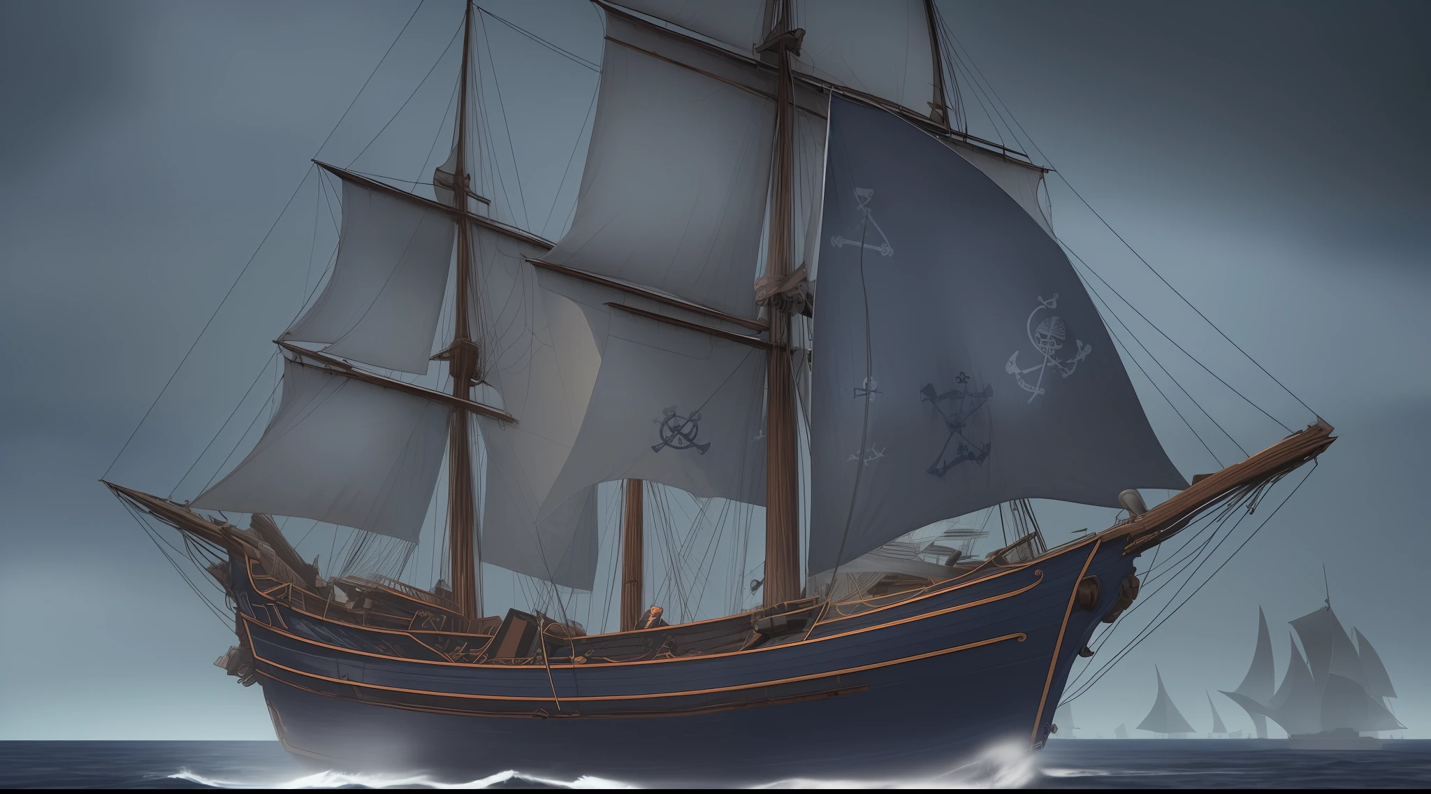 (sails Navy Blue:1.5) (highly detailed RAW color photo, masterpiece, ultra detailed), (medieval pirate theme:1.5) (center:0.6), solo, 1 large pirate ship anchored near the pier, the hull is made of dark wood and its sails are open, sails (Navy Blue:1.5), winter morning in the background, beautiful cloudy morning (fog: 1.4) (waves: 1.2) (winter: 1.9) (masterpiece: 1.2) (illustration: 1.1) (best quality: 1.2) (8k) (HDR) (wallpaper:1.3) (cinematic lighting) (sharp focus) (photography, sky lighting, soft details, artstation trend, ultra high detail, ultra realistic, cinematic, 16k, digital art, Dungeon and Dragons-inspired art)