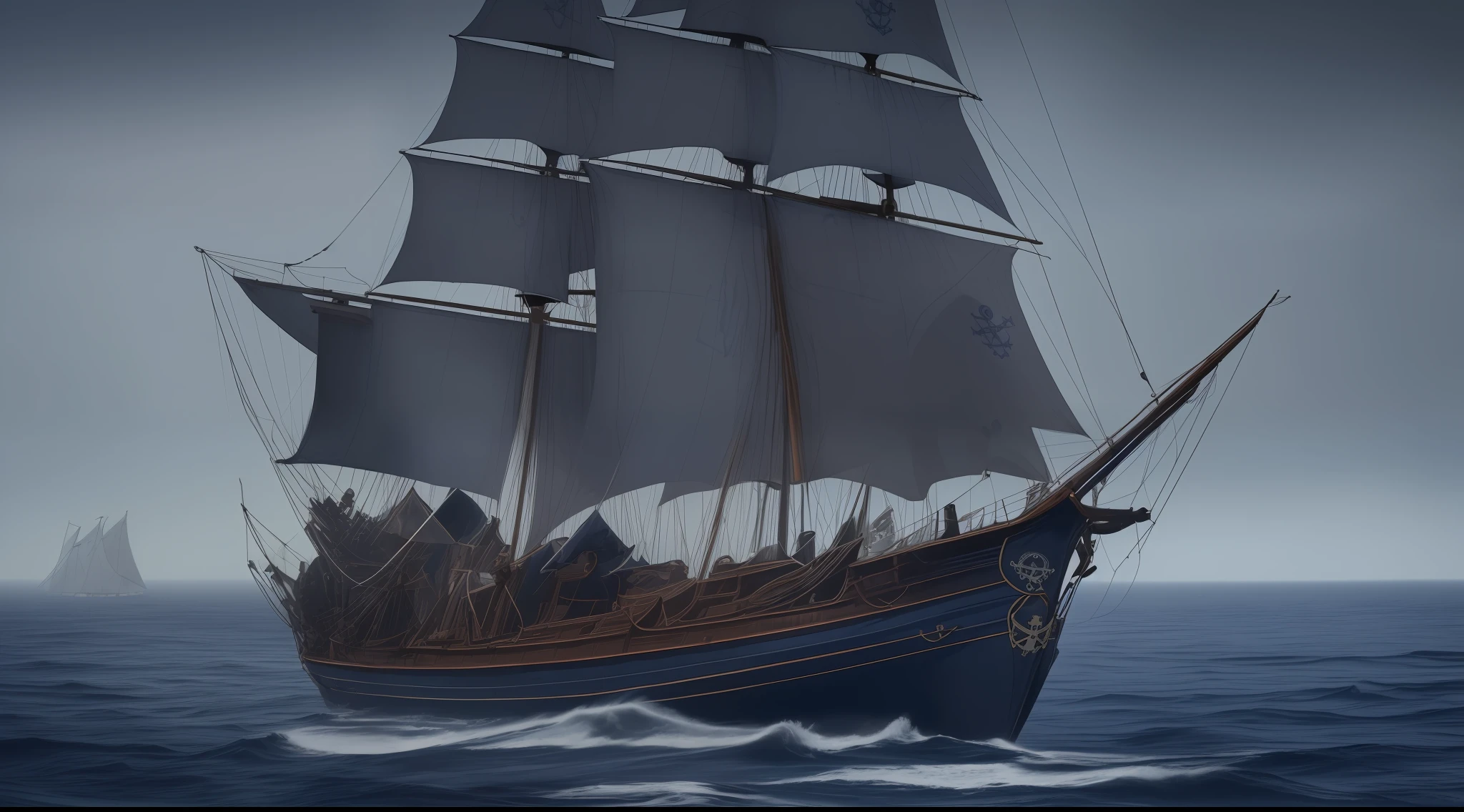 (sails Navy Blue:1.5) (highly detailed RAW color photo, masterpiece, ultra detailed), (medieval pirate theme:1.5) (center:0.6), solo, 1 large pirate ship anchored near the pier, the hull is made of dark wood and its sails are open, sails (Navy Blue:1.5), winter morning in the background, beautiful cloudy morning (fog: 1.4) (waves: 1.2) (winter: 1.9) (masterpiece: 1.2) (illustration: 1.1) (best quality: 1.2) (8k) (HDR) (wallpaper:1.3) (cinematic lighting) (sharp focus) (photography, sky lighting, soft details, artstation trend, ultra high detail, ultra realistic, cinematic, 16k, digital art, Dungeon and Dragons-inspired art)