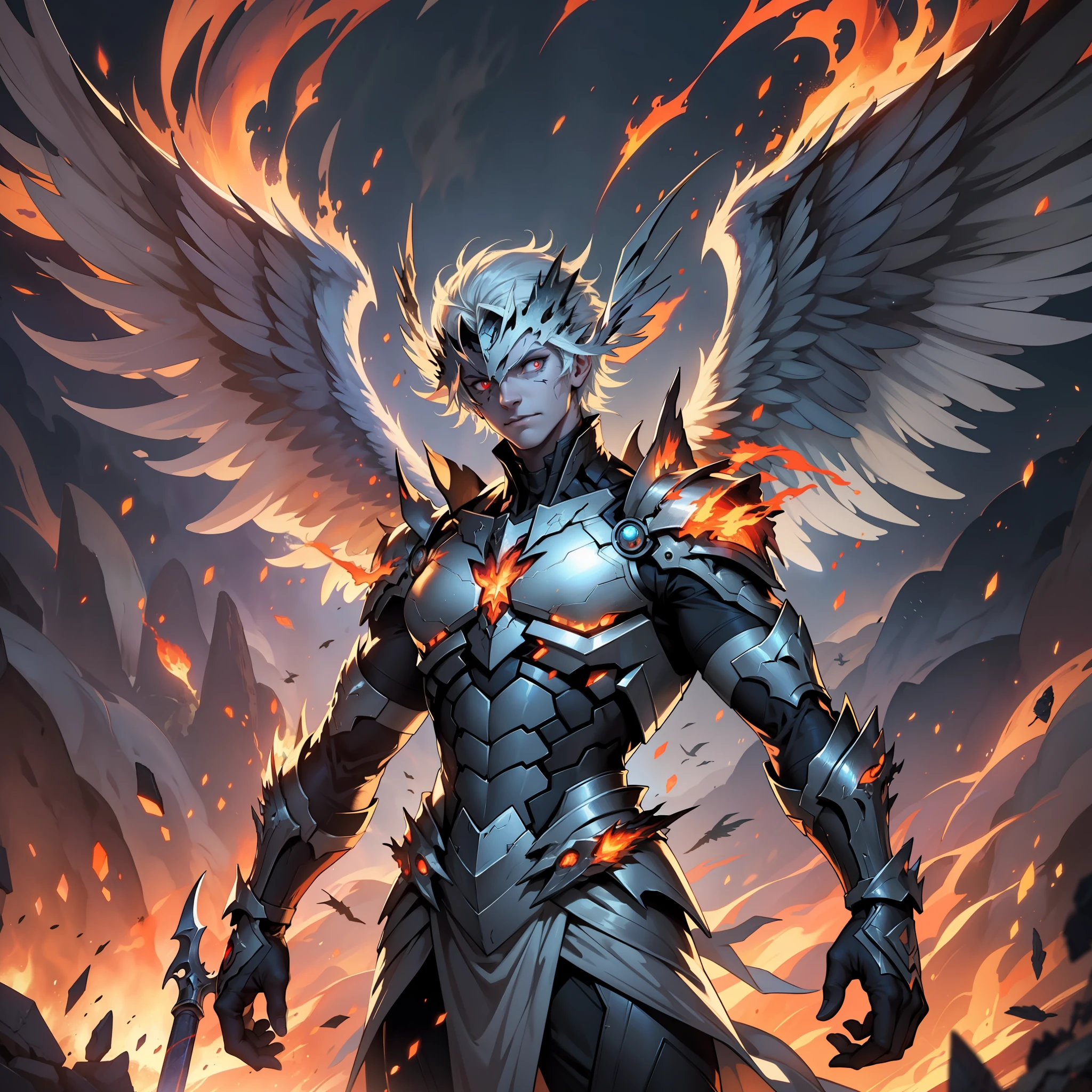 Masterpiece, best quality, illustration of an undead archangel with Fire wings rise from ashes, Fire particles, Epic background, hyperrealistic, lighting glow, glowing haze,depth of field, Sharp focus,8k, Dynamic angle,Epic pose, cinematic composition