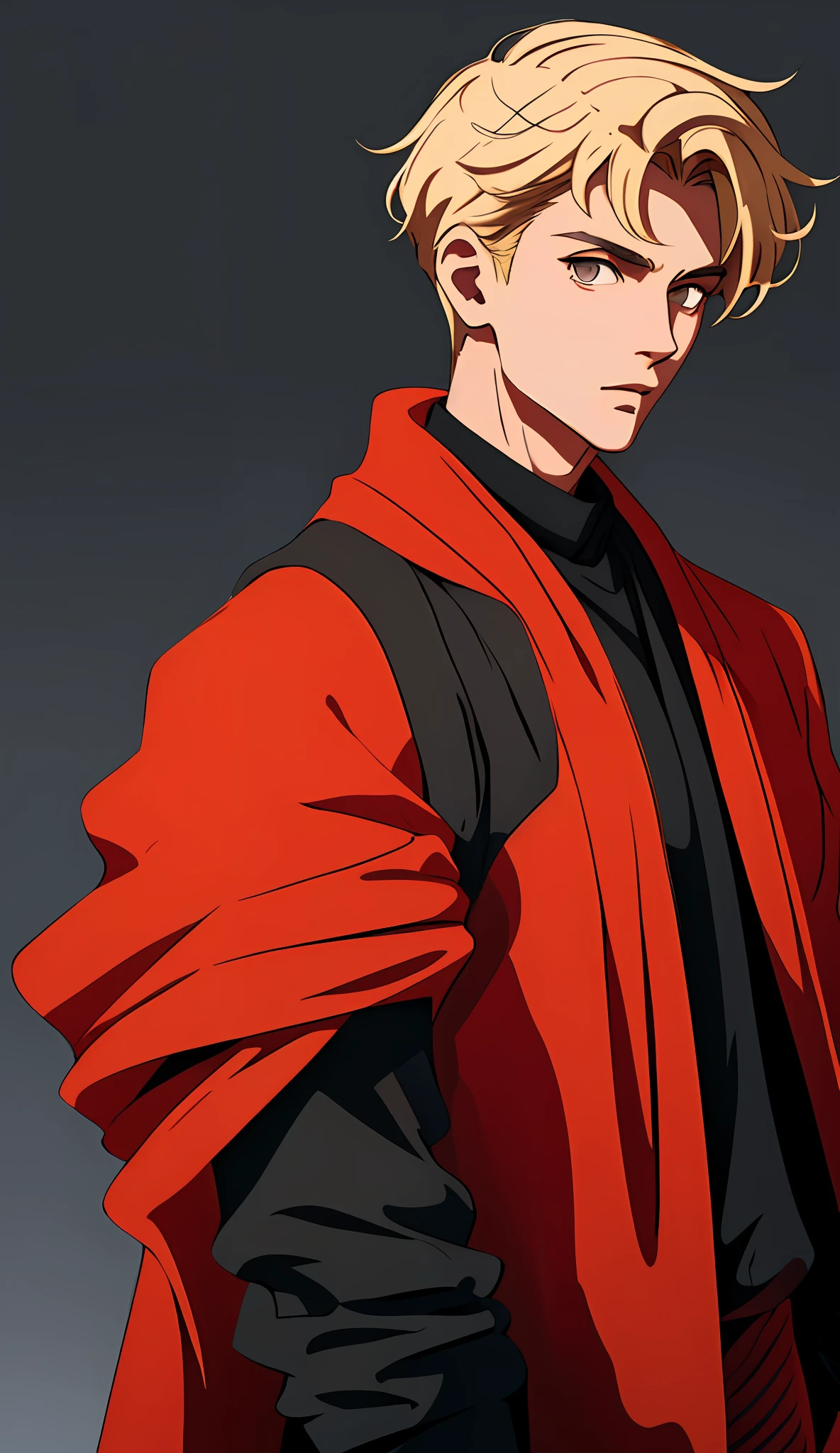 (Masterpiece, best quality, highly detailed), simple white background, a mature teenager in black sweater and red shawl, tall, short blonde hair, lazy, handsome boy