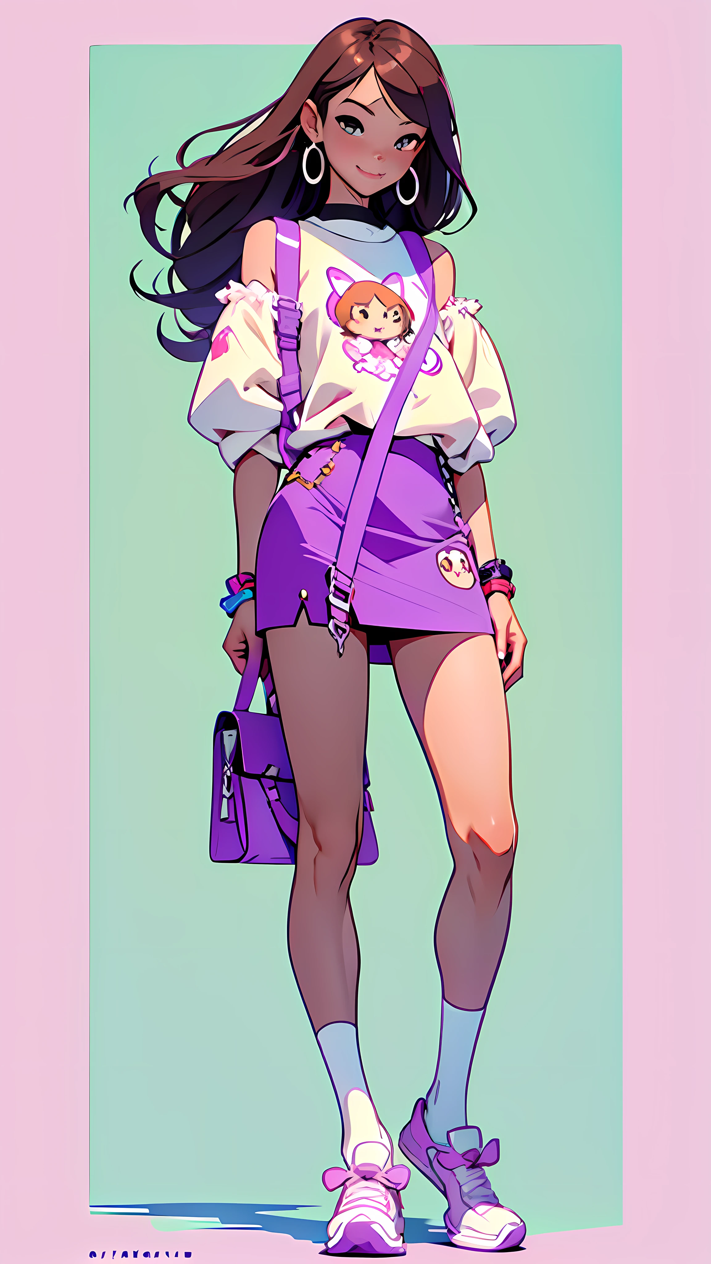 (super detailed), ridiculous resolution, simple background, (an extremely delicate beautiful girl), full body, (beautiful face), looking at viewer, 1 cute girl with (brown hair: 1.5) and bright light red eyes and (hairpin: 1.2) and (shoulder bag: 1.1), playful, tongue-sticking, youth, long hair, white T-shirt with cartoon pattern, stud earrings, purple mini skirt, (thigh straps), white socks, pink slippers, high, slim, clean and smooth lines, Official character illustration, (illustration), tachi-e, anime character illustration, (masterpiece), (best quality), 8k, white background, full body,