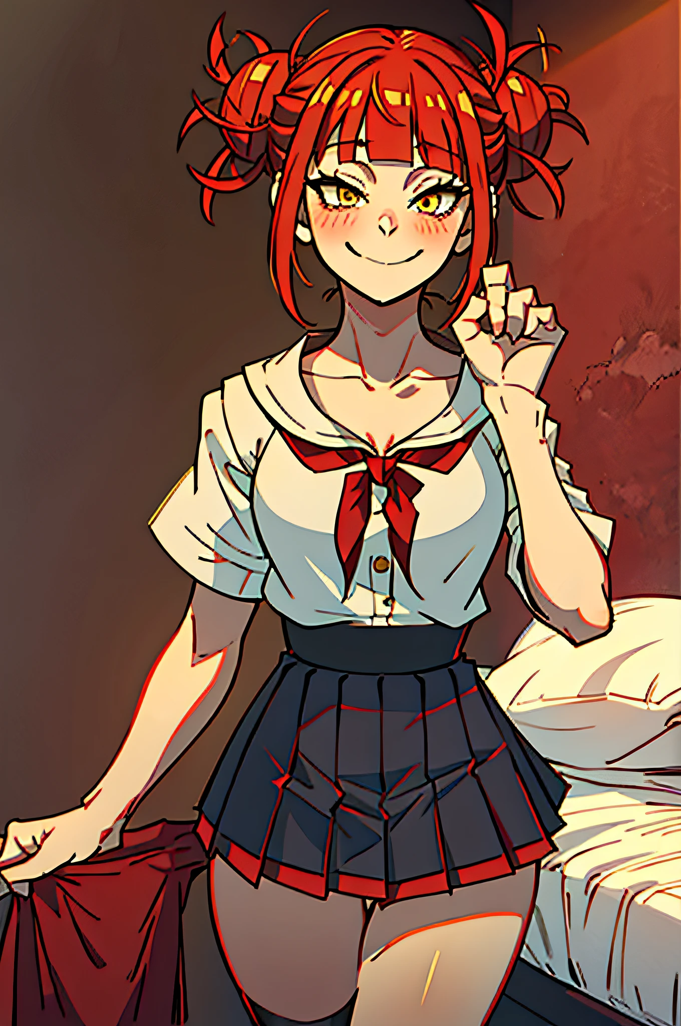 Toga Himiko, Boku no Hero Academia, 1girl, bangs, red hair, blunt bangs, blunt, breasts, collarbone, double bun, bedroom background, hair bun, half closed eyes, medium breasts, miniskirt, pleated skirt, short hair, skirt, smile, solo, yellow eyes, ((masterpiece))