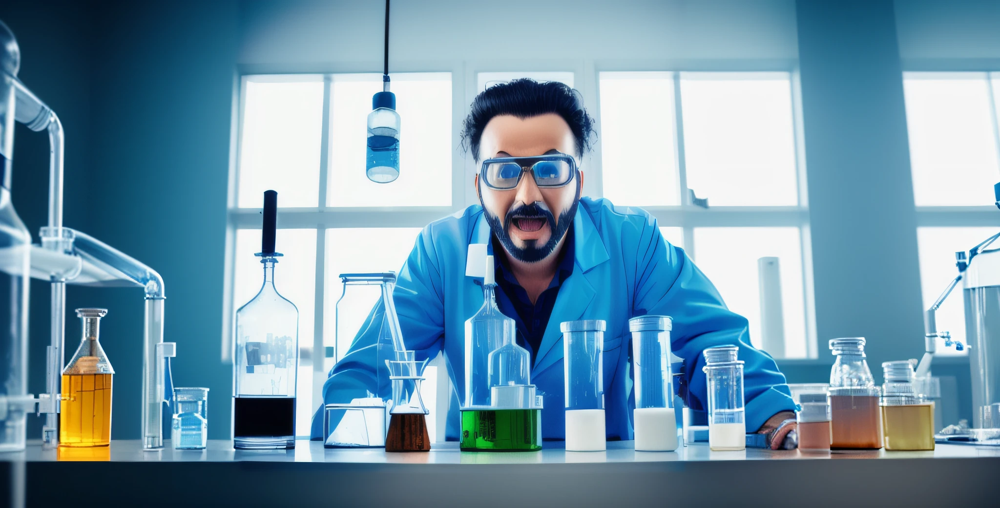 arafed man in a lab coat and goggles is making a science experiment, mad scientist working, experiment in laboratory, he is in a alchemist lab, dirty laboratory, foxish guy in a lab coat, mad scientist, in a laboratory, in laboratory, handling laboratory equipment, in a lab, chemisty, scientist, wearing lab coat and glasses, scientific research