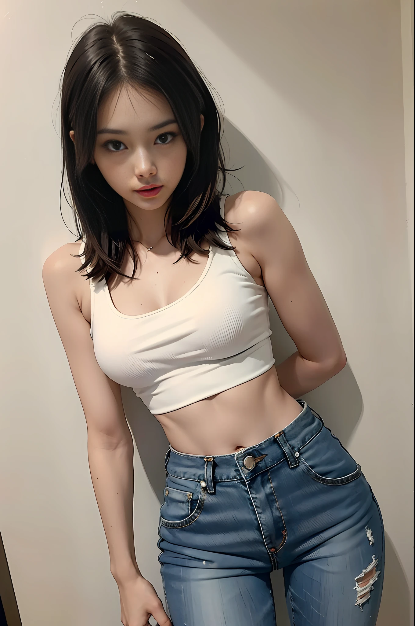 Woman in white bra and tight denim skirt poses for photo, full body, legs spread, cut t-shirt, bra, slim body, small bust, slim girl model, 40 year old female model