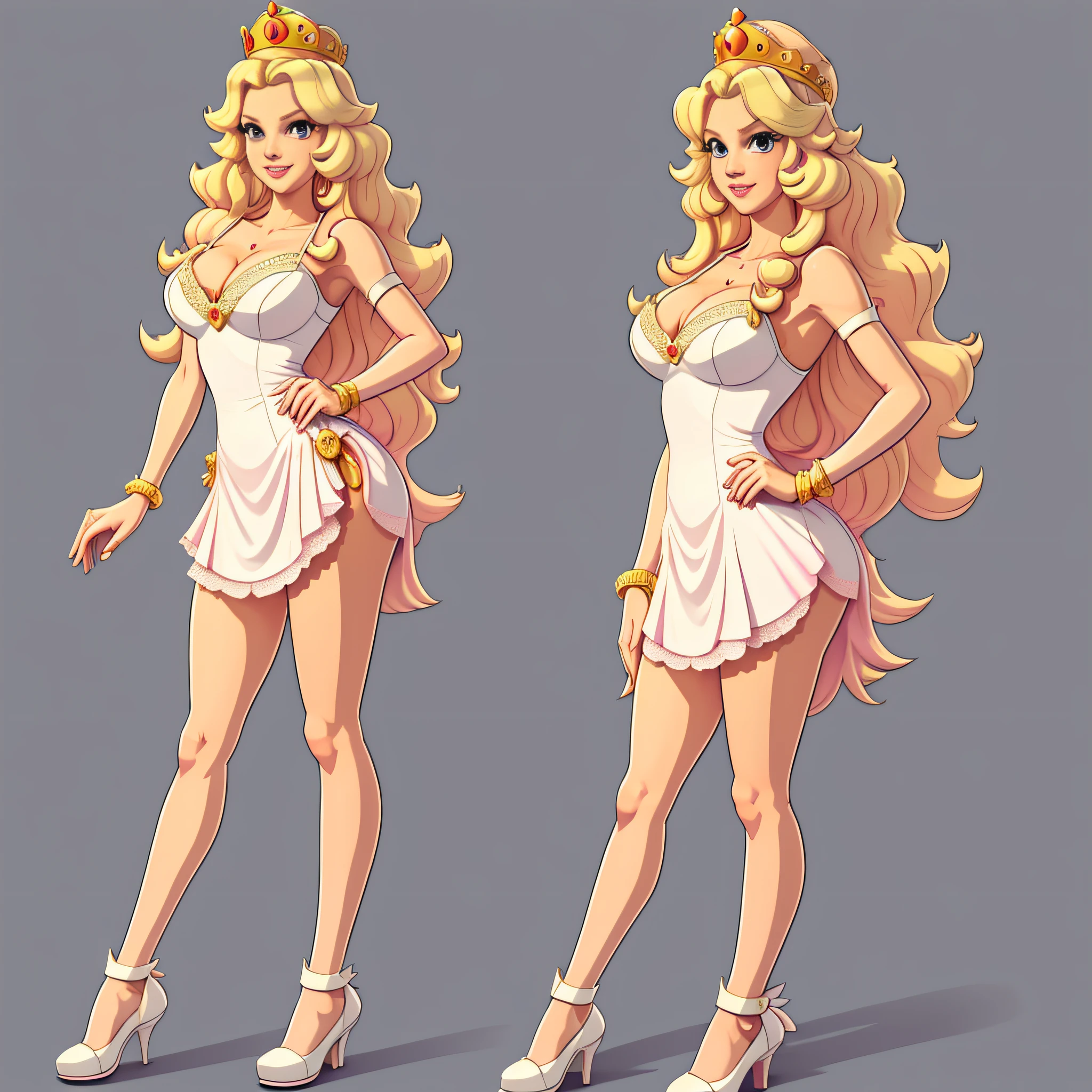 (best quality, masterpiece), (solid outline:1.2), Princess Peach, simple background, solo women, full body, Sexy pink dress, long blonde hair, crown, wavy hair, detailed face, smirking, medium breasts, model pose, shoes, Cleavage, face view, ass view, white panties, thong, hands behind head, white bra, big breasts