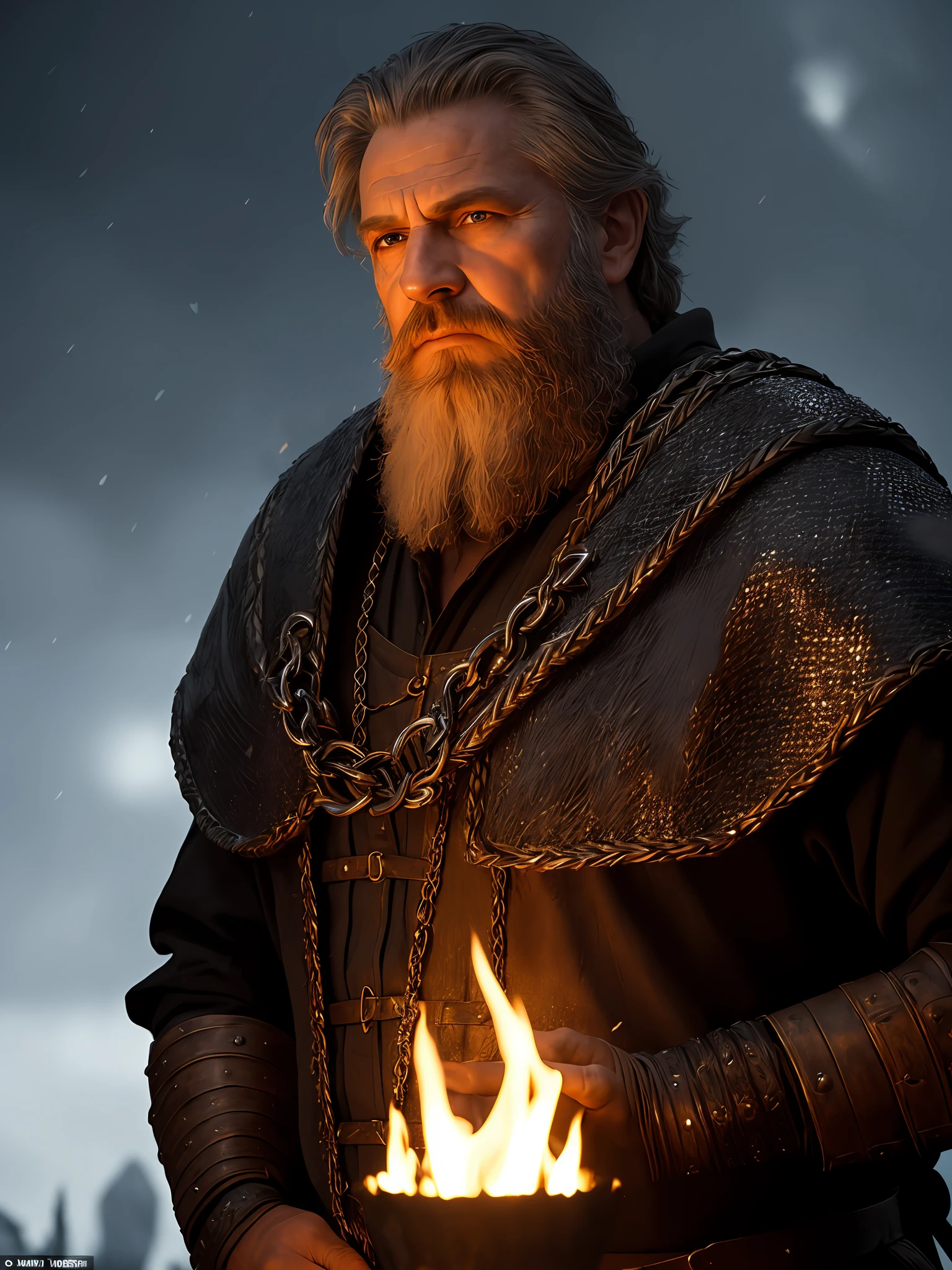 (High quality: 1.3), cinematic shot, masterpiece, (sharp focus: 1.5), (photorealistic: 1.3), medium portrait of (a tired-looking old medieval warrior, big beard but still proud and fierce, now the leader of his village, dressed in elaborately detailed red chain mail and leather armor, some torches burn on the walls, giving the scene a somber atmosphere, but sculpting the shapes in crisp chiaroscuro), it is night, (highly detailed skin), (detailed face), detailed background, dark lighting, twilight lighting, volumetric lighting, complex details, UHD,