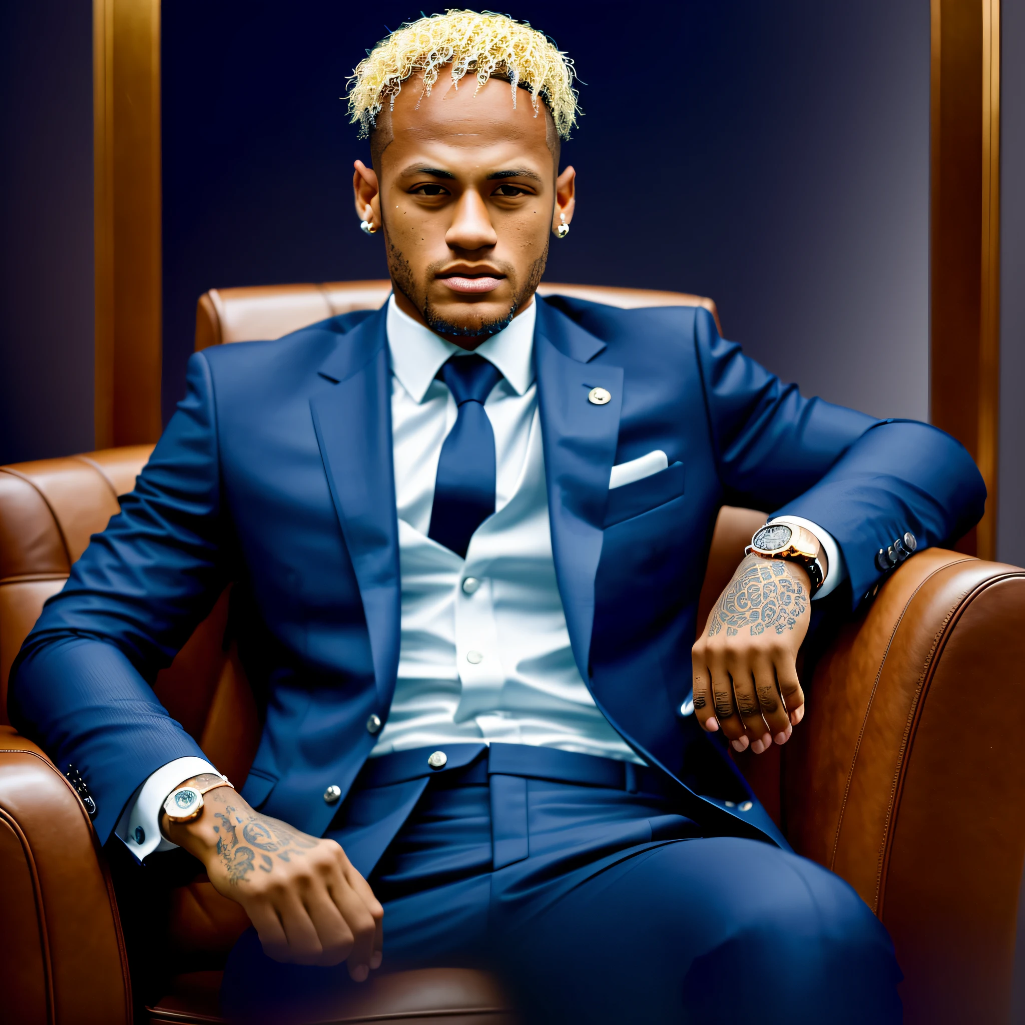 A professional photo DSRL, of Neymar wearing a suit, sitting in an armchair, with on his face