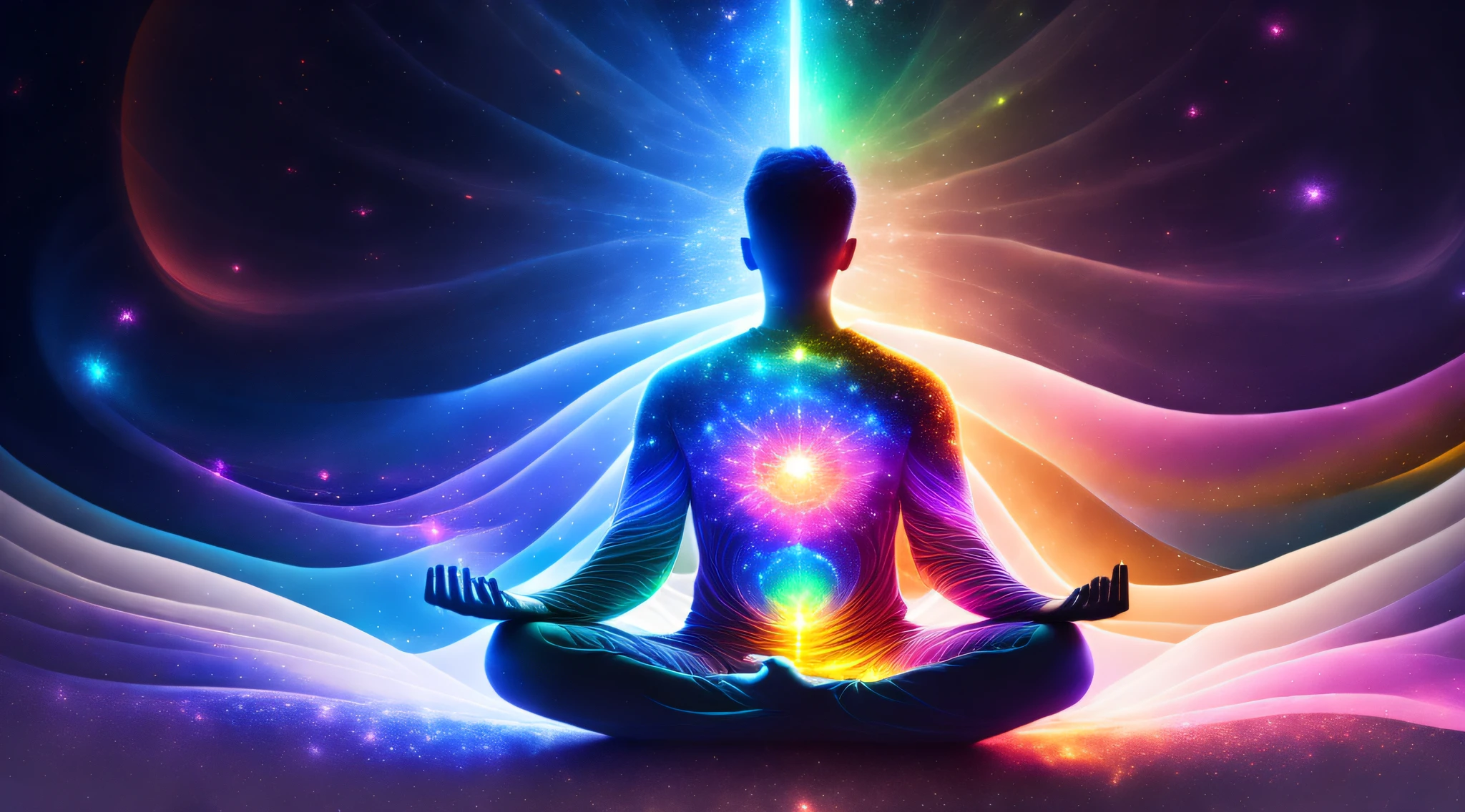 a person sitting in a lotus position with his hands closed on a background of universe, colored energy fields around the person, radiating a bright aura, an interdimensional being, cosmic illumination, colored aura, strands of cosmic energy
