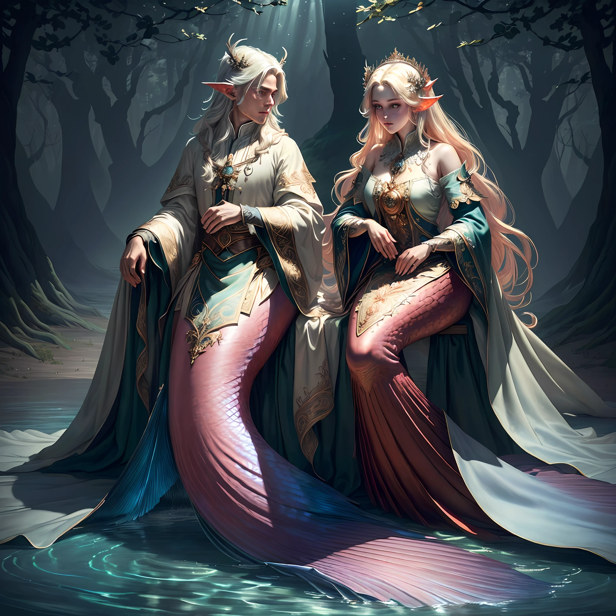 Masterpiece, best quality, (very detailed CG unified 8k wallpaper), (best quality), (best illustration), (best shadow), realistic lighting, full body shot, mermaid portrait, fish fin ears, intricate, elegant, very detailed, handsome, very detailed, claws, in the forest, blood, rags, beautiful face, dreamy, medieval, beautiful detailed light