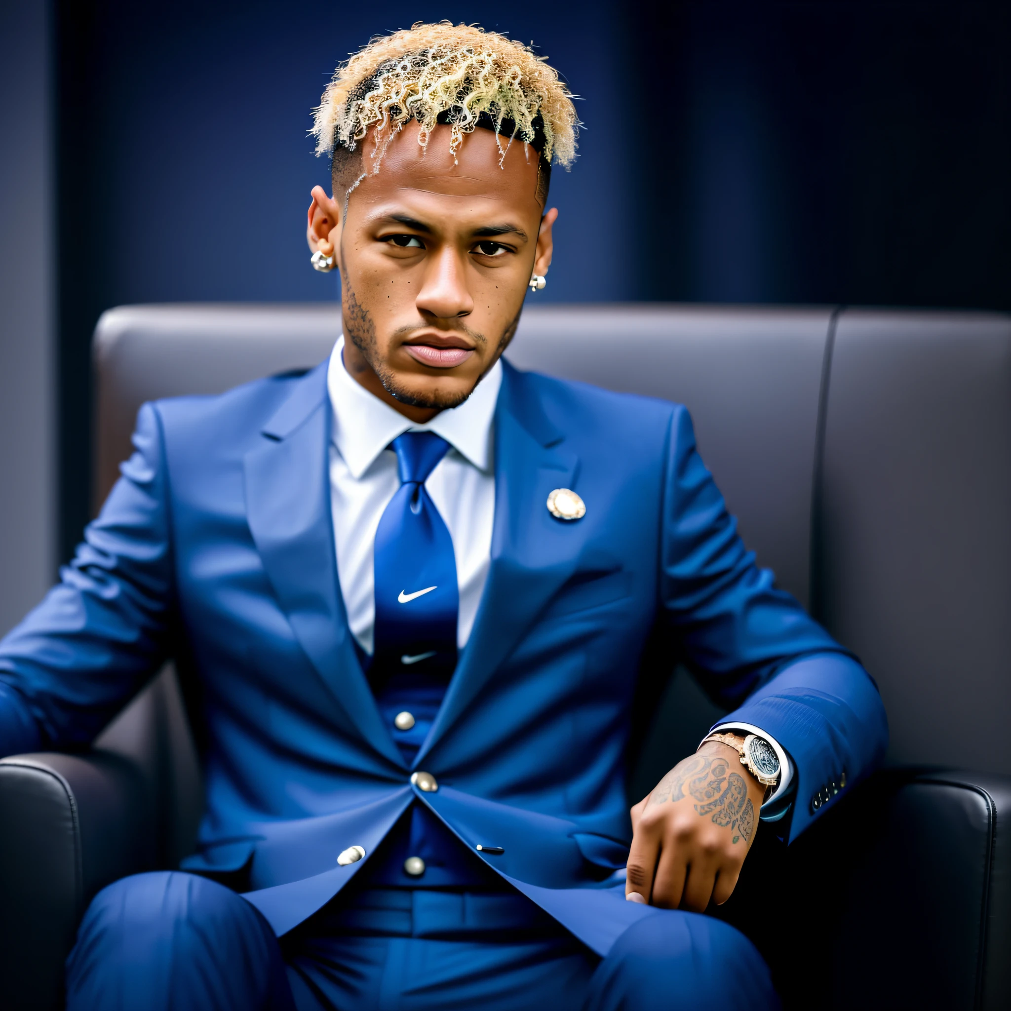 A professional photo DSRL, of Neymar wearing a suit, sitting in an armchair, with on his face