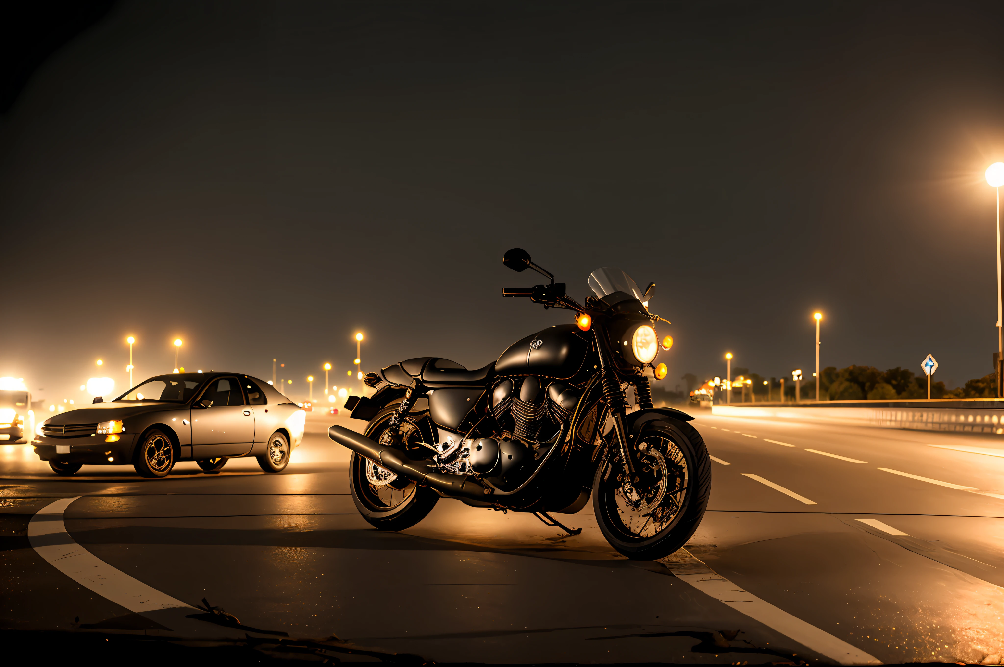 Dark photo of a motorcycle custon, (beating other cars in a race to the death in the city (at night)), ruins of urban streets in the background, apocalyptic war, fire in the back, (nocturnal), high detail, sharp focus, ((photorealism)), flares, realistic, best quality, 8k, award-winning, dramatic lighting, epic, cinematic, masterpiece, depth of field